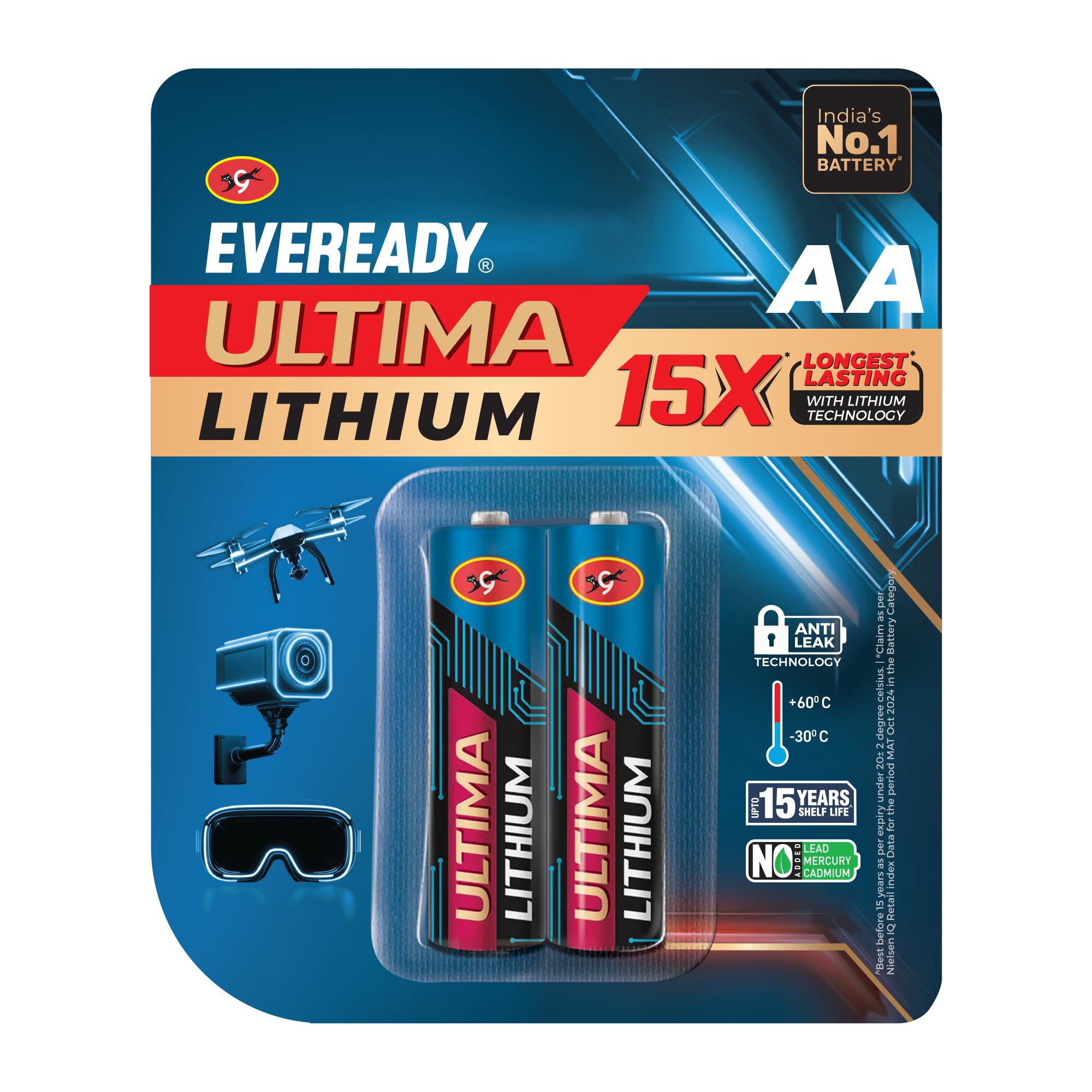 eveready ultima lithium aa batteries – pack of 2, 15x longest lasting, anti-leak technology, lightweight for high performance devices