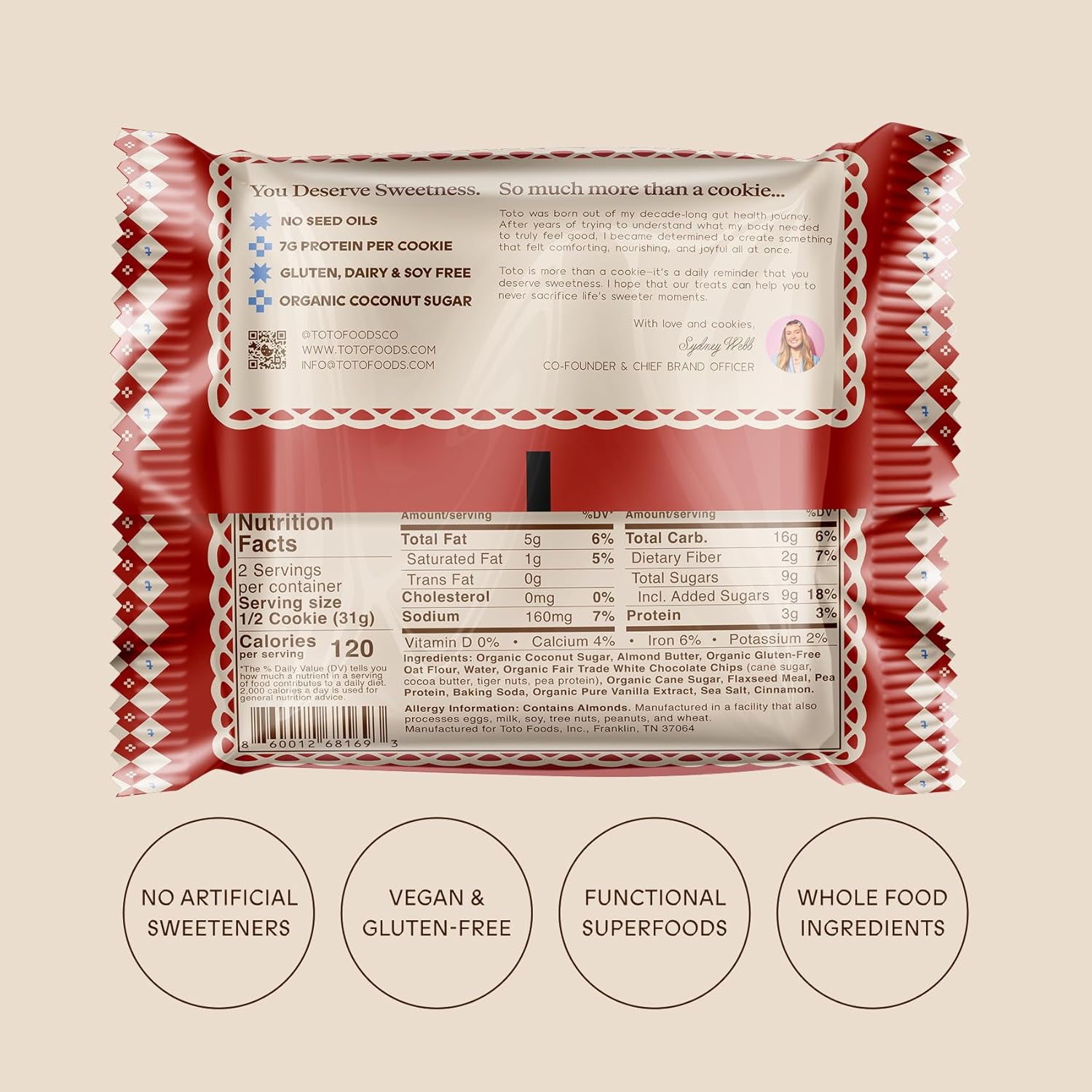 Toto's Cinnamon Roll Vegan Cookies: Gluten-Free High-Fiber Cookie with Plant-Based Protein, Superfoods, and Adaptogens - 10X Individually Wrapped Cookies
