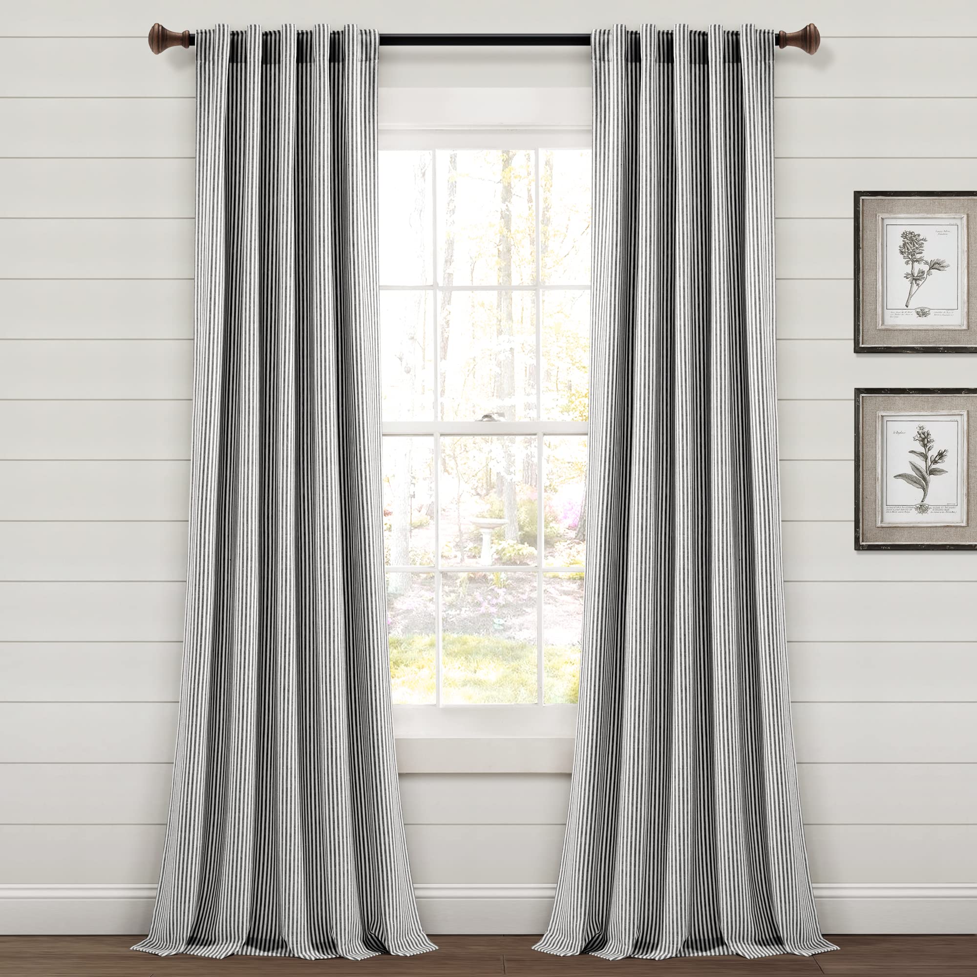 Lush Decor Farmhouse Vintage Stripe Yarn Dyed Cotton Blend Window Curtain Panels Pair 40" W x 84" L Black - Striped Curtains for Living Room