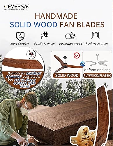 Miniatura 2 de Ventilador de techo de madera maciza de 60 pulgadas, sin control remoto, gran ventilador de techo de madera real para exteriores, sin luz, 3 aspas