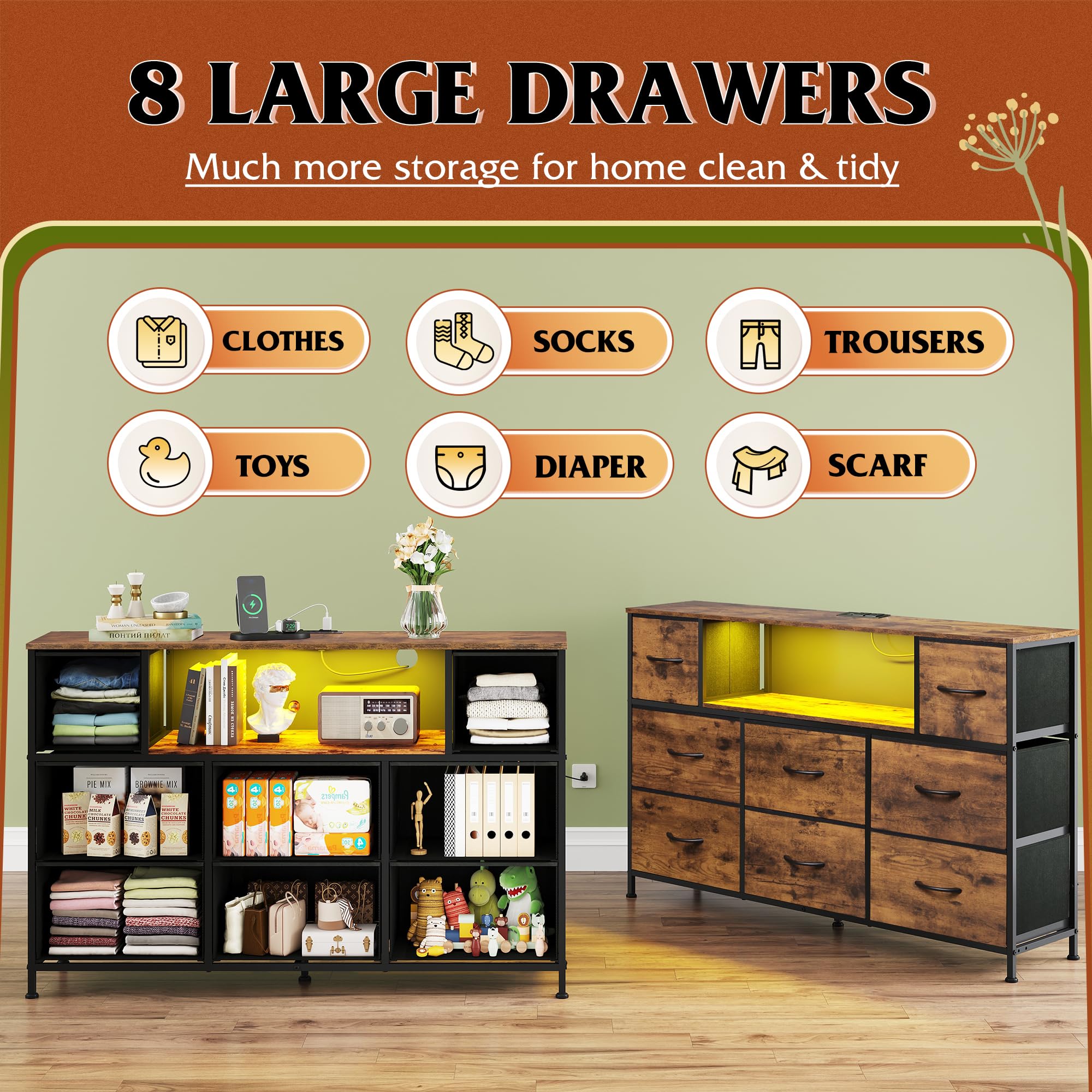 WLIVE Chest of Drawers, 8 Fabric Drawers Cabinet with Easy Pull Handle - Image 3