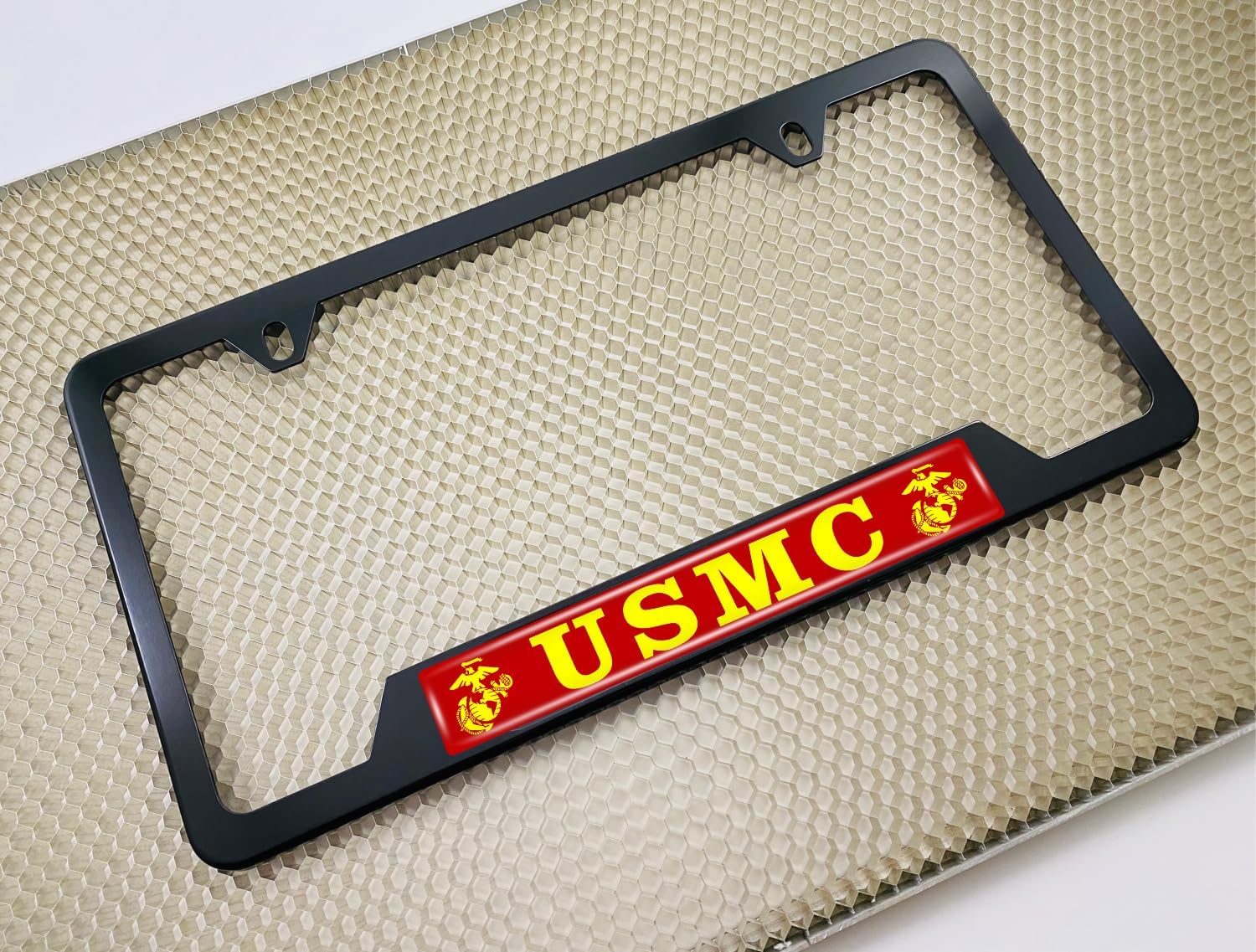 [Officially Licensed Product] - Stainless Steel Matte Black CAR 2-Hole Standard Size - Domed Custom-Made Corrosion-Resistant License Plate Frame with USMC Semper Fi, EGA Logo & Free caps - (Qty: 1)