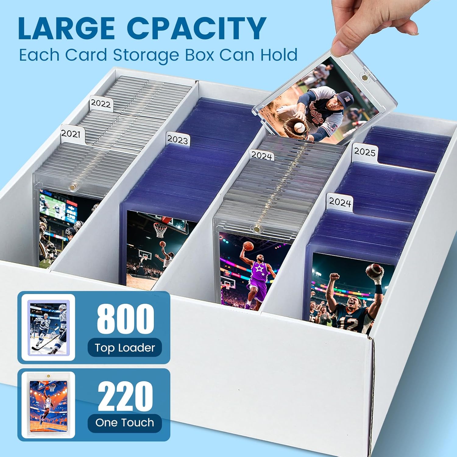 4 Pack Trading Card Storage Box - Holds 640 Top Loaders & 176 One Touch - Cardboard Case with Dividers for Sport Cards (4 Rows)