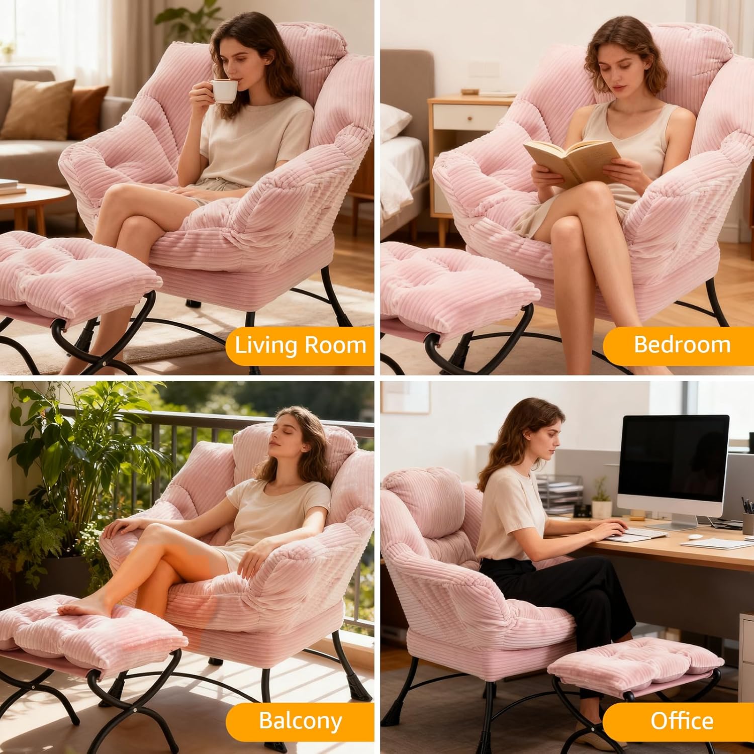 Large Lazy Chair and Ottoman for Adults, Accent Chair Oversized Lounge Armchair with Side Pocket & Footrest, Comfy Reading Chair Leisure Sofa for Bedroom, Living Room, Office (Corduroy, Pink, Single)