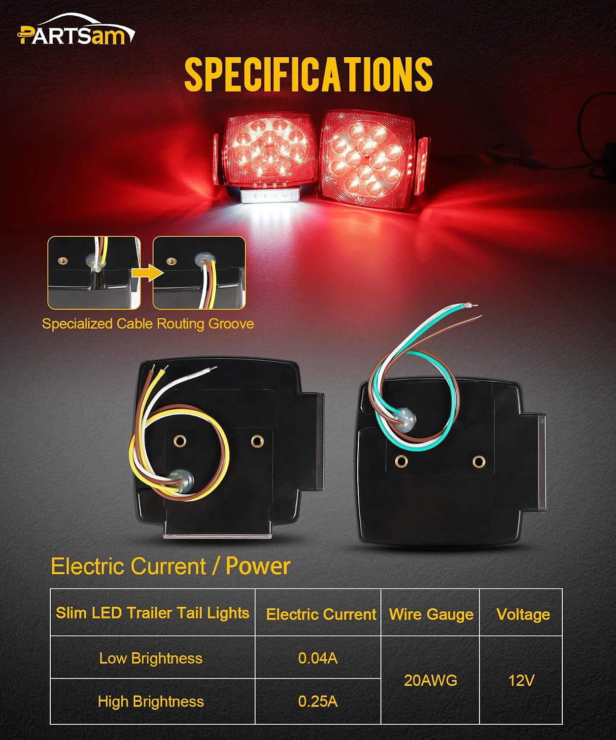 Partsam Pair Slim Square LED Trailer Light Submersible Tail Lights 15 Red 4 White LEDs 5050 SMD Smoke Lens, 4X Amber Red 2.5" 2 Diodes Oval LED Trailer Truck Clearance Lights Side Marker Lights