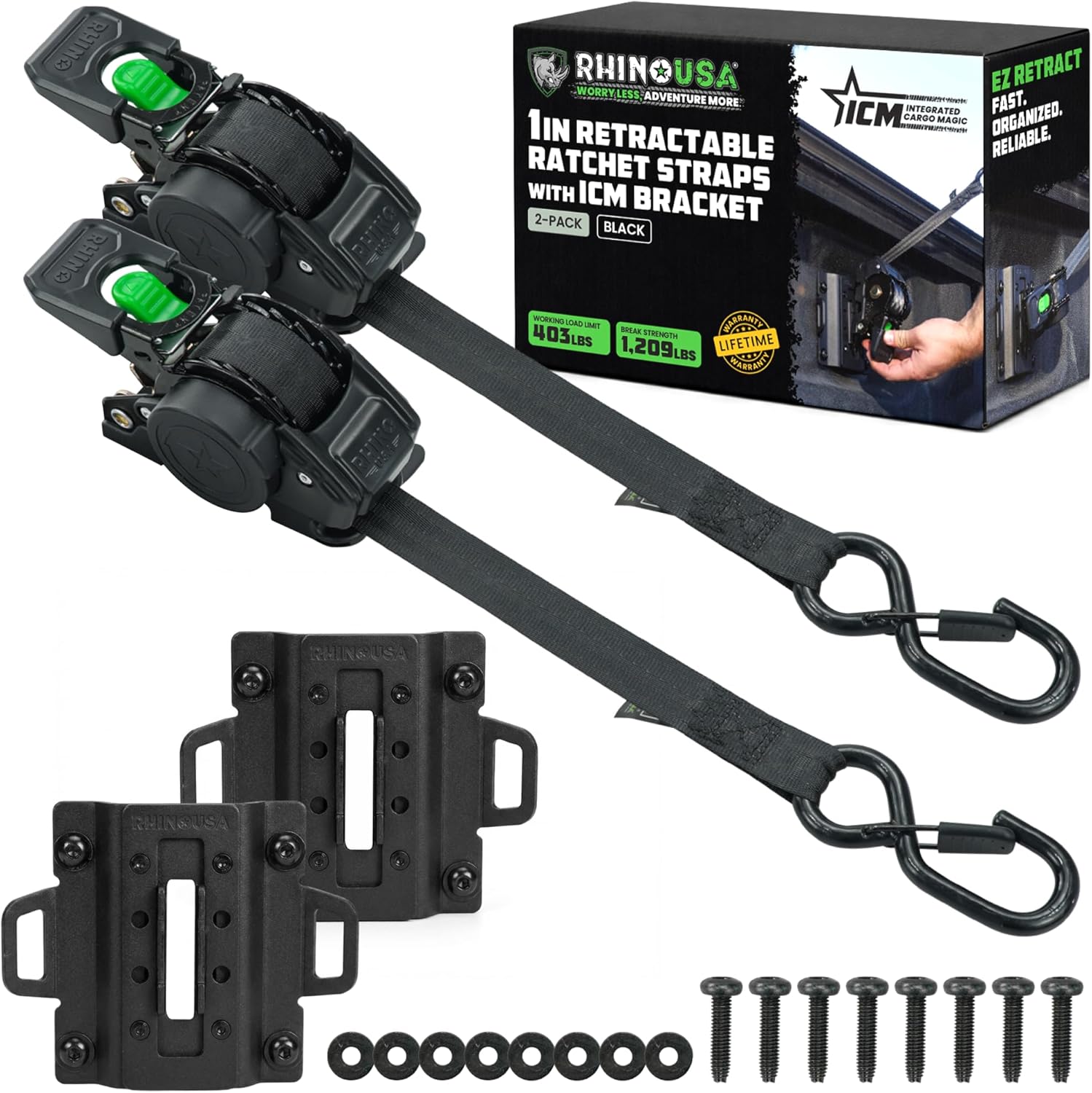 Rhino USA Integrated Cargo Magic Bed-Mounted Retractable Ratchet Straps for Ford Trucks (2015+ F-150 & 2017+ F-250) – BoxLink Compatible, Removable, 360° Swivel, Heavy-Duty Tie Downs