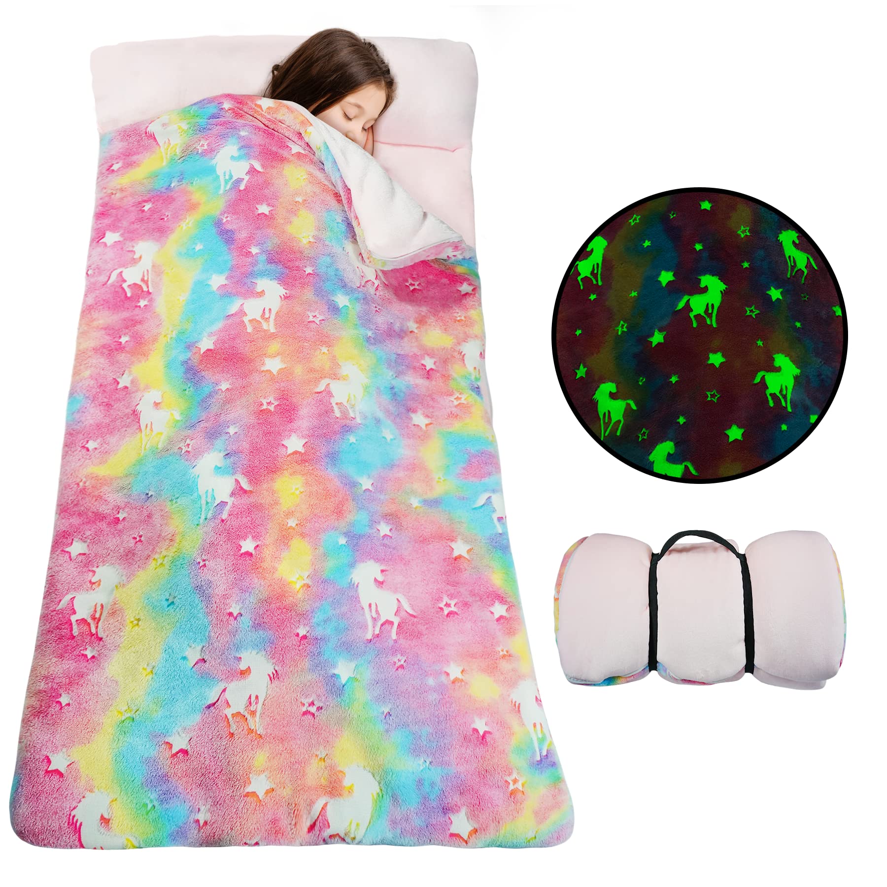 Kids Sleeping Bags, Glow in The Dark Slumber Bag for Kids, Toddler Nap Mat with Pillow and Blanket for Sleepover, Daycare, Preschool (62