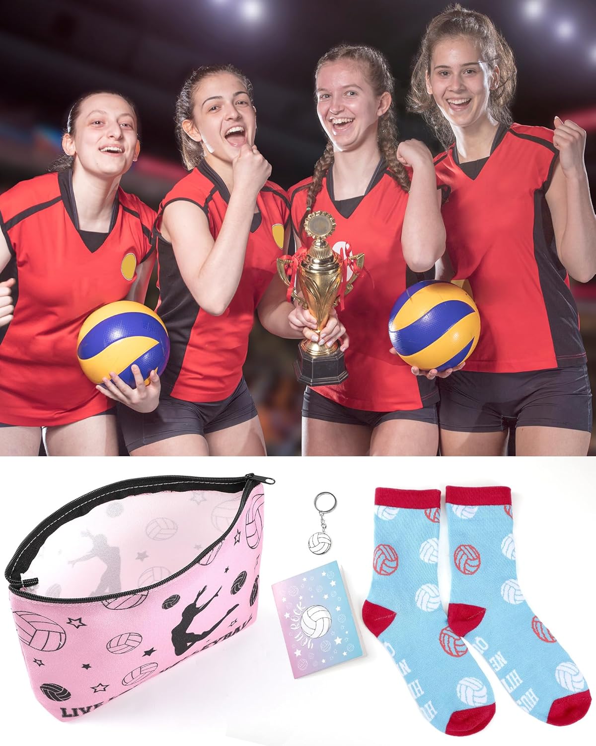 48 Pcs Volleyball Team Gifts for Women Teen Girls Senior Night Funny Makeup Bags Novelty Crew Socks Keychians Cards for Volleyball Lovers Team Players