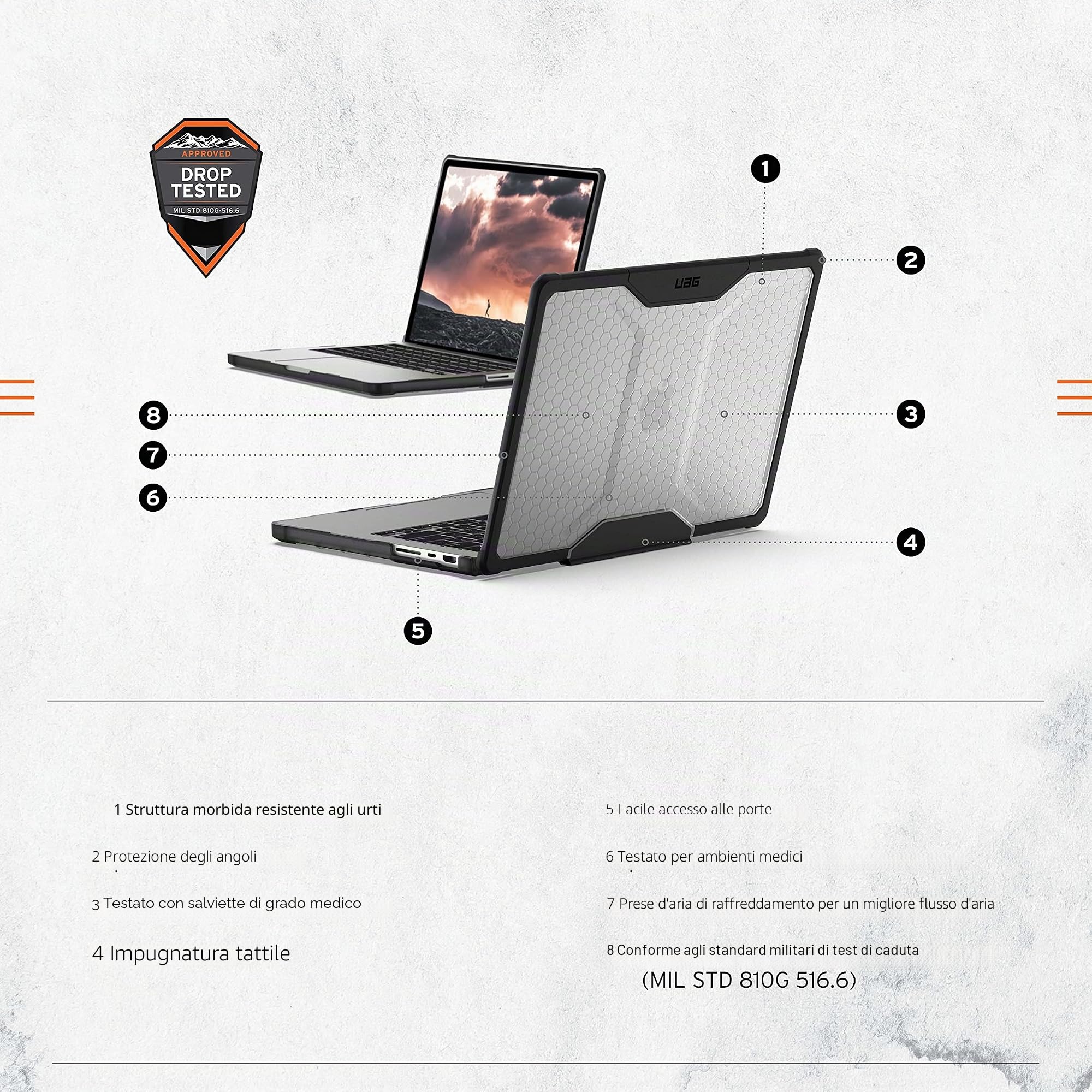 URBAN ARMOR GEAR UAG progettato per MacBook Pro 14 pollici caso 2021 A2442 M1 Pro / M1 Max Chip con Touch ID, trasparente ghiaccio traslucido