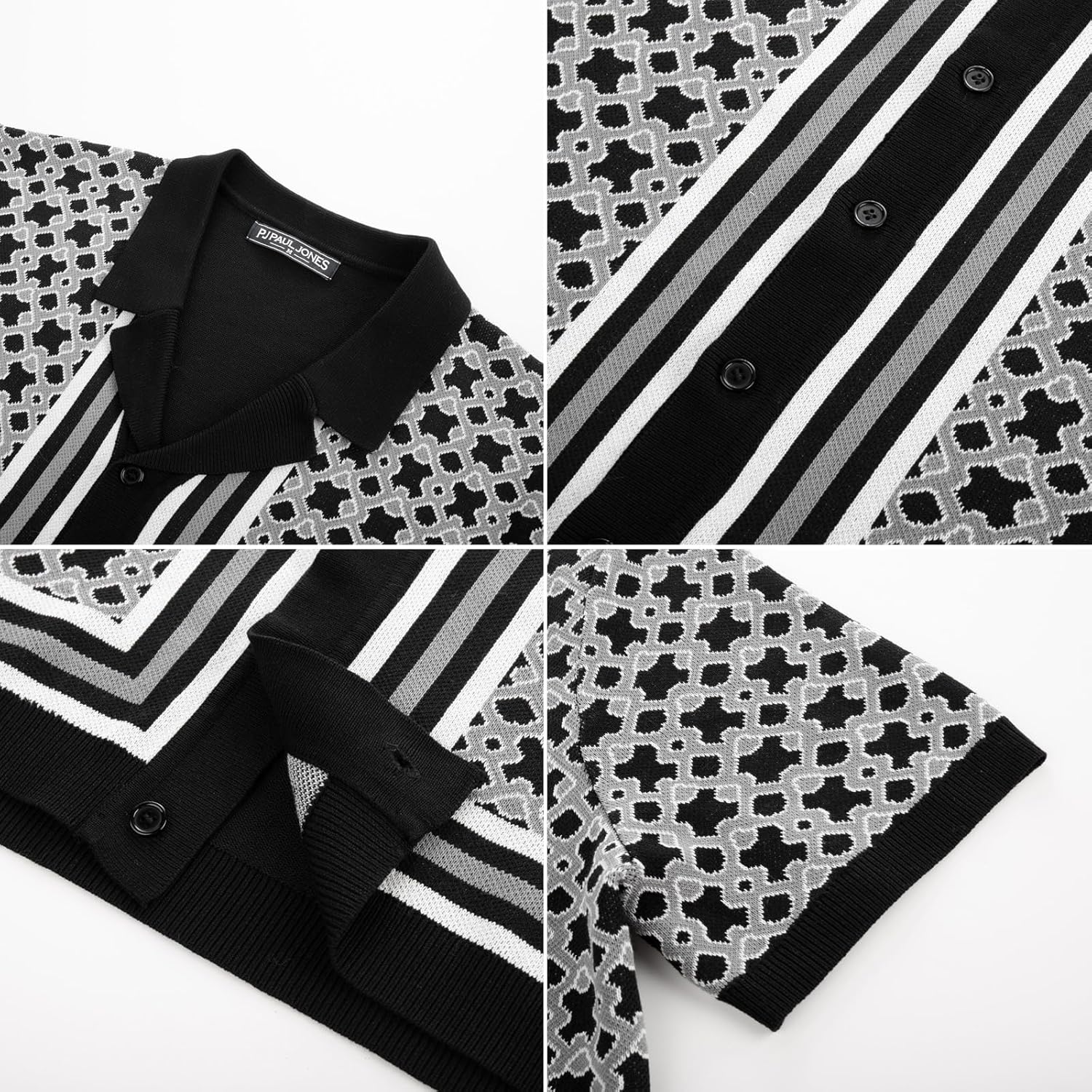 PJ PAUL JONES Men's Vintage Button Down Cuban Collar Knitted Polo Shirt - Image 4