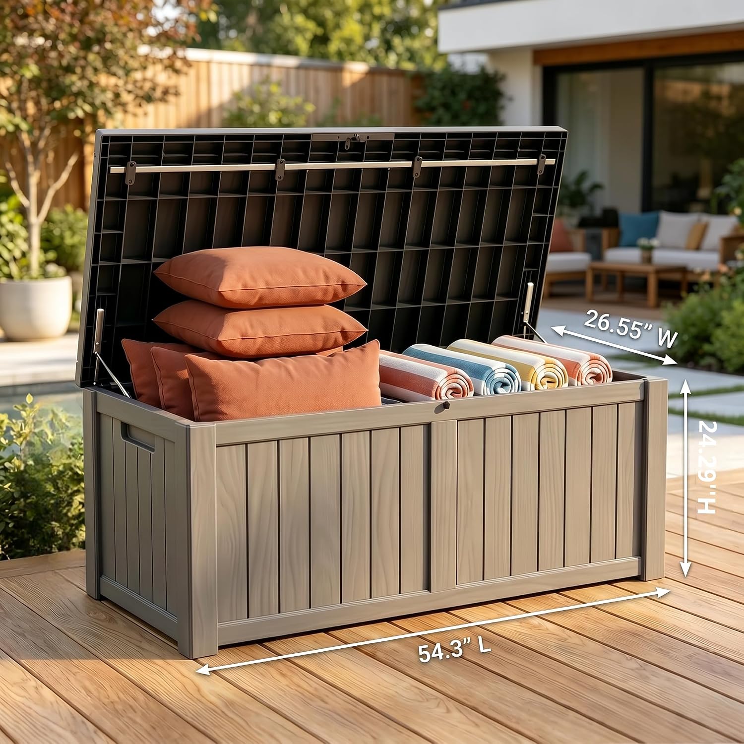 121 Gallon Resin Deck Box for Patio – Outdoor Storage Chest for Patio Furniture Cushions, Garden Tools, Pool Accessories – Lockable, Waterproof, All-Weather, Wood Grain Design, Easy Assembly