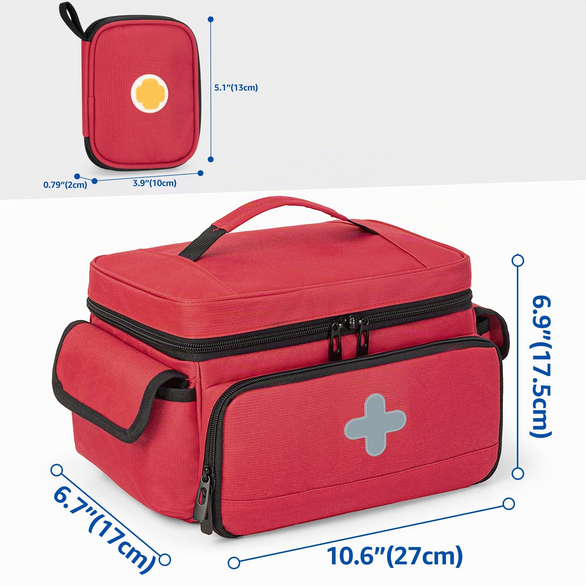 CURMIO Borsa Infermiere Domiciliare con Mini Borsa per Medicinali, Rosso | Divisori Rimovibili, Strisce Riflettenti, Maniglia, Pronto Soccorso per Visite Domiciliari/ Assistenza Sanitaria/Viaggio