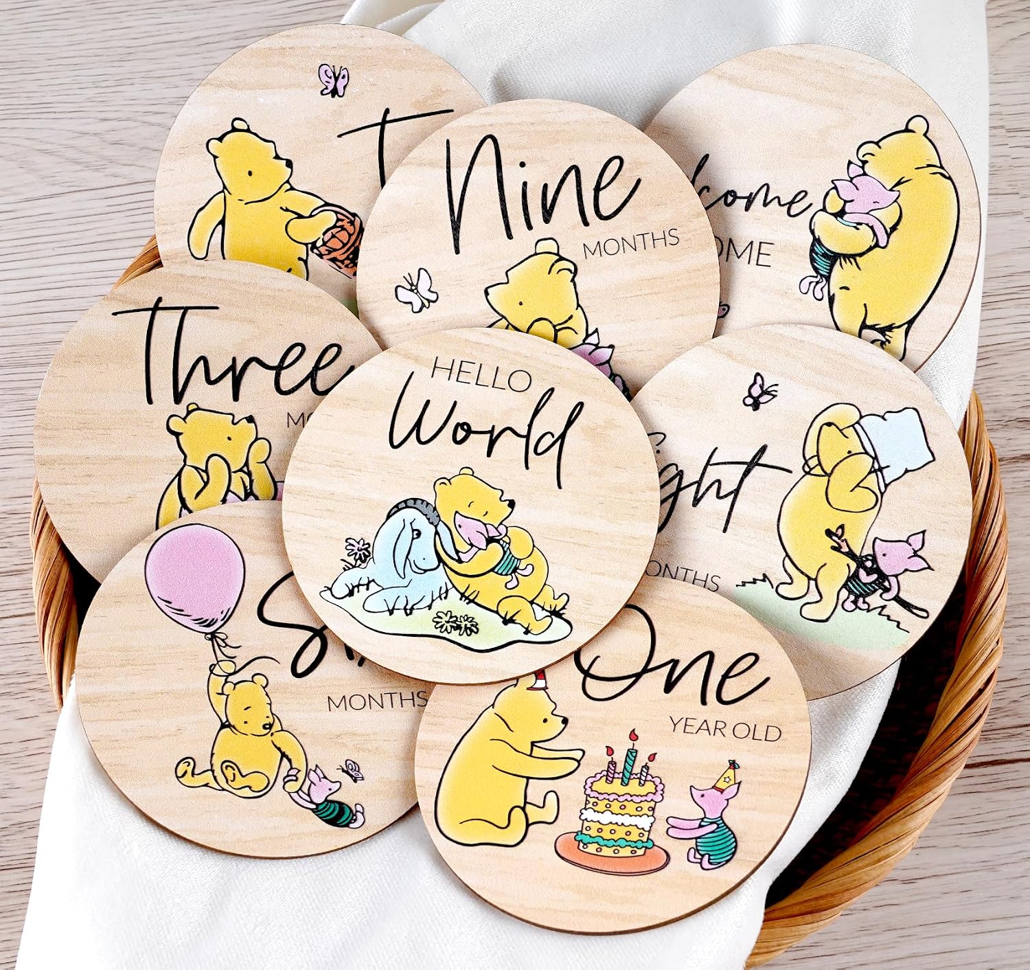 Winnie Baby Milestone Cards, Wooden Cirles Discs for Baby Photo Prop with Announcement & Hello World Sign - 8Pcs Double Sided Markers for Baby Shower Nursery Gift