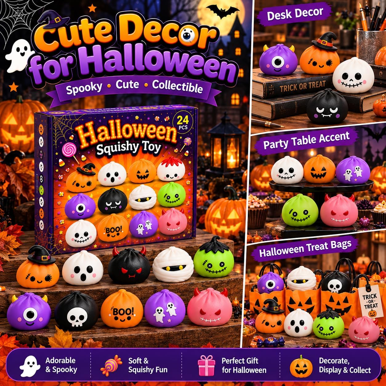 24 PCS Halloween Mochi Squishy Toys for Adult,Individually with Gift Cards