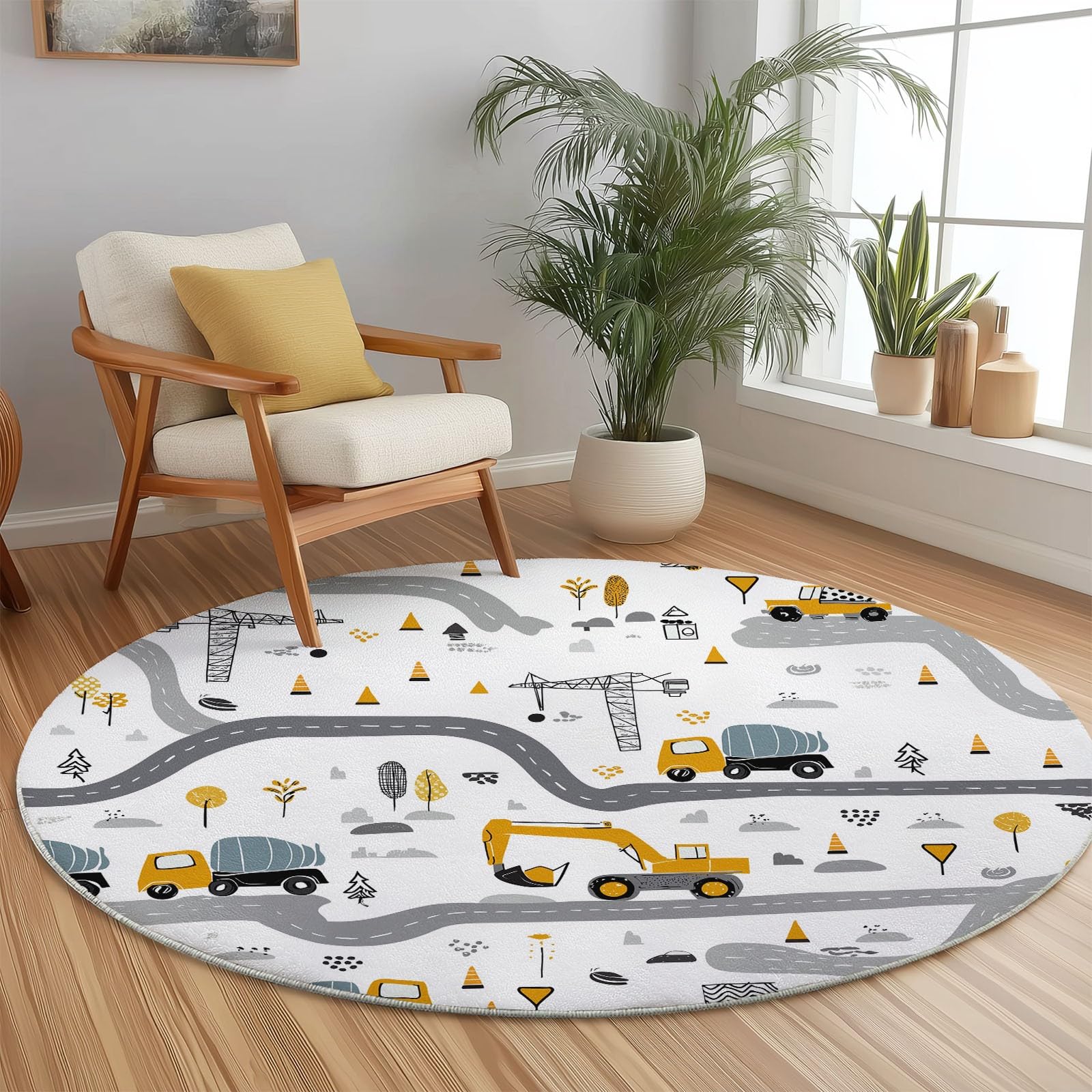 Tappeto rotondo in flanella100 cm, Morbido Cartone animato Veicoli da costruzione Strada Tappetini Antiscivolo Tappeto per Bambini Cameretta Cucina Casa Zona Balcone Tappet Tavolino Colorato