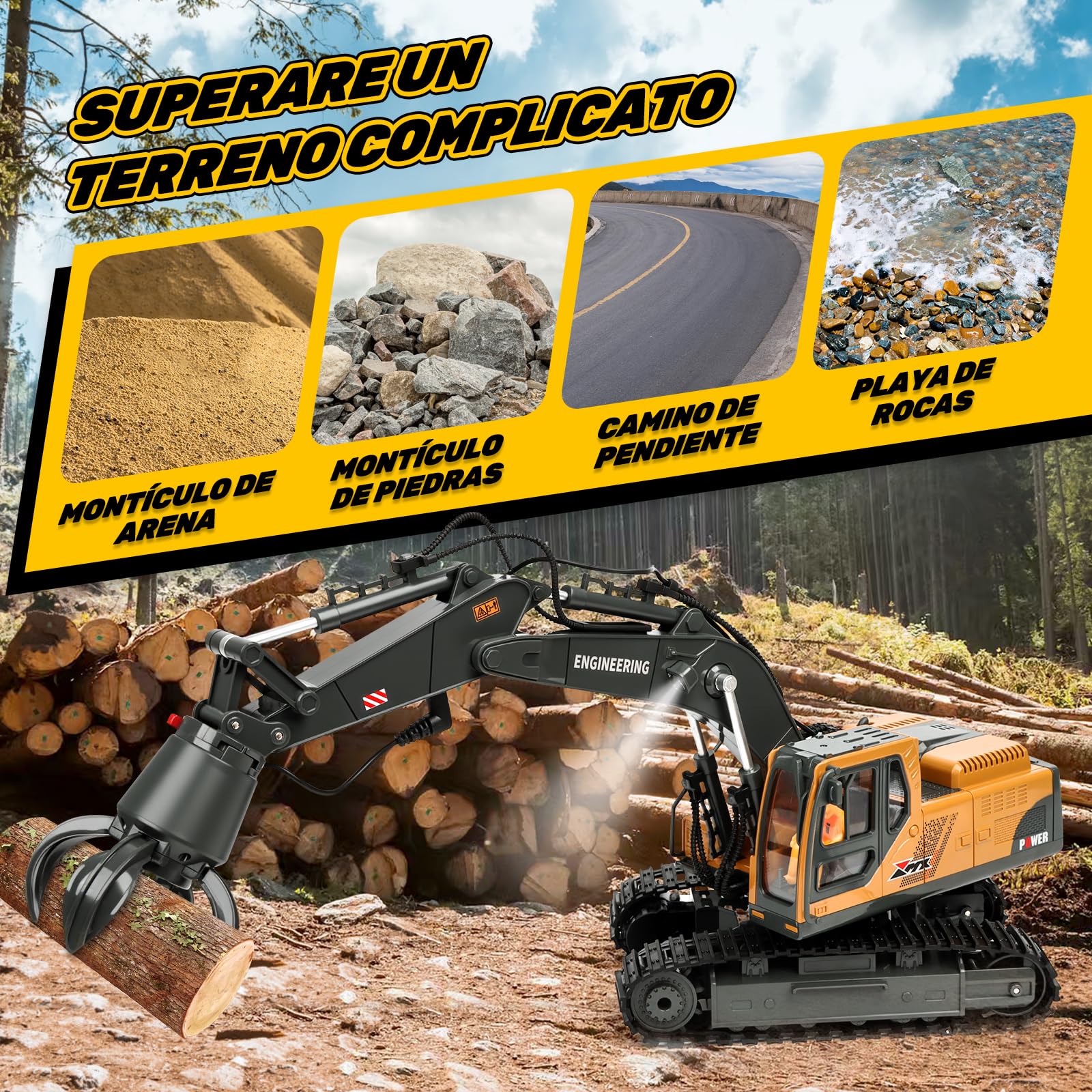 Charmofun Escavatore Radiocomandato 3-in-1, Giocattolo RC con 3 Teste in Metallo, Cabina Rotante 680° con Luci e Musica, Regalo per Bambini 3-12 Anni