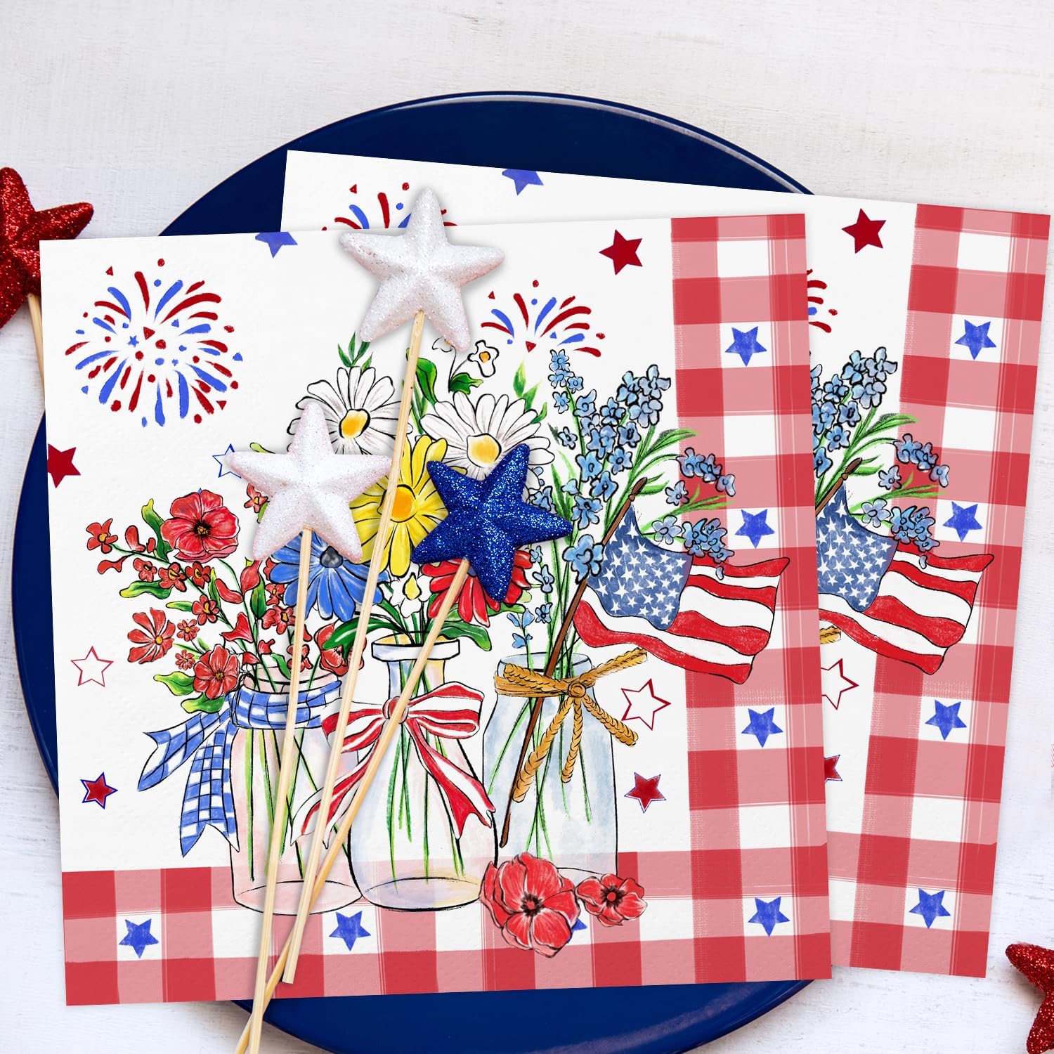 50 pcs Patriotic Paper Napkins,Cocktail Napkins for 4th of July Party Supplies,Watercolor Red White Blue Floral Daisy Star Decorative Luncheon Napkins for Independence Day & Memorial Day，6.5"*6.5"