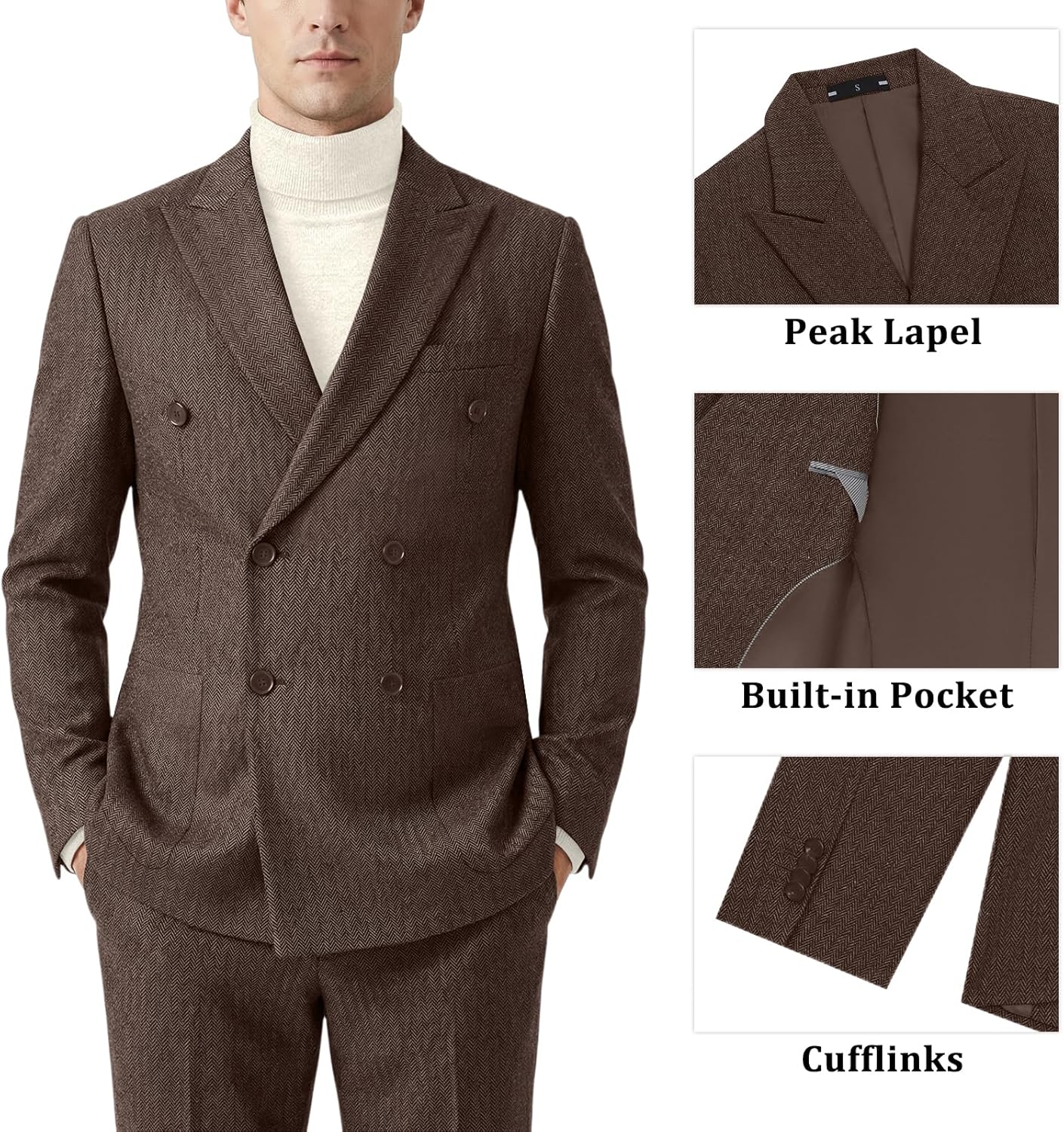 Retro Tweed Suits for Men 2 Piece Herringbone Double Breasted Suit Men Business Tuxedos Western Wedding Groom Suit