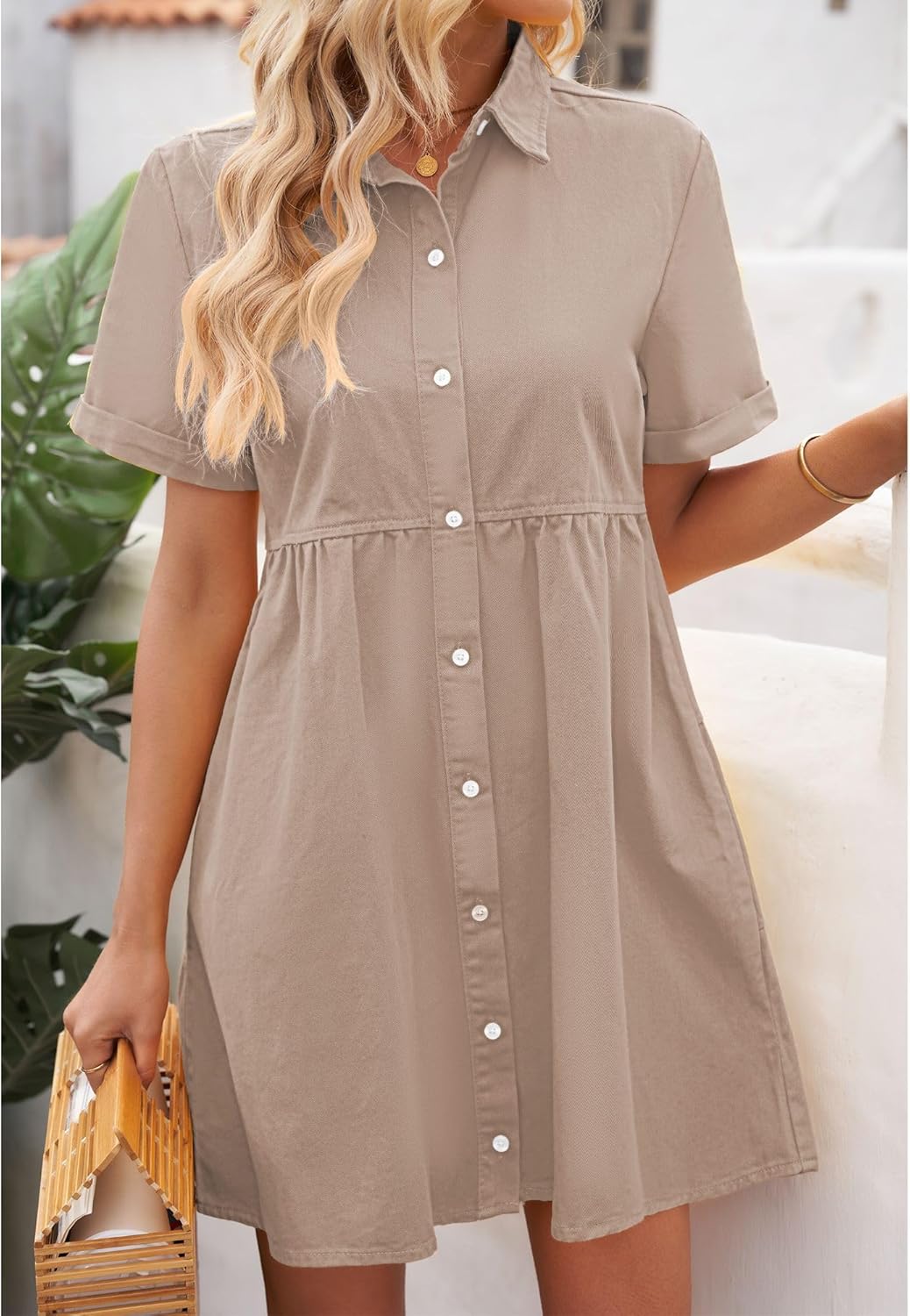 luvamia Women's Casual Short Sleeve Button Down Tiered Denim Babydoll Jean Dress - Image 6