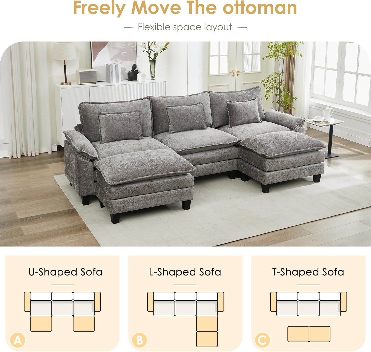 URRED Cloud Couch Modular Sectional Sofa, 122" Modern U Shaped Deep Seat Sofa with 2 Ottomans & Pillows, Ultra Comfy Chenille Couches for Living Room, Bedroom or Apartment, Grey