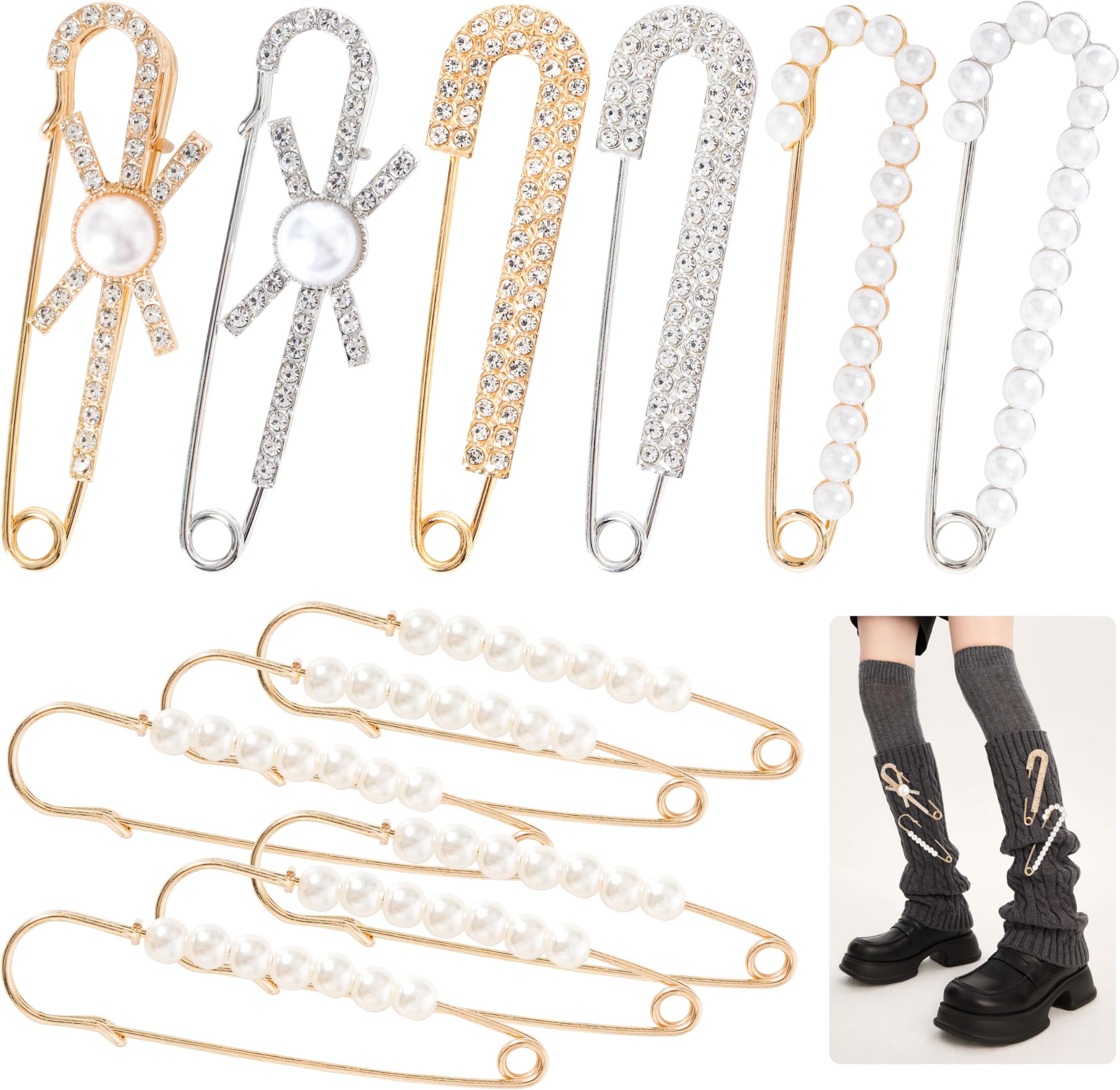 Gold Brooches Pins Charms for Socks: LOTOFUN 12PCS Fashion Rhinestone Pearl Bling Junk Sock Bulk Button - Decorative Safety Pins Brooch for Women Shoes Clothes Sweater Hats Pants