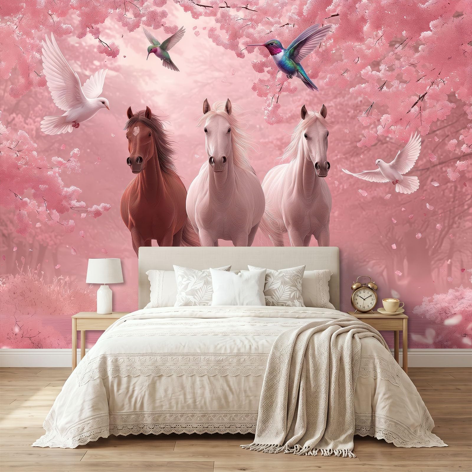 Générique Panoramiczna tapeta 500 x 280 cm fantazyjne zwierzęta galopowe konie XXL fototapeta dekoracja ścienna gobelin salon sypialnia - tapeta Trompe l'eil efekt 3D, różowa