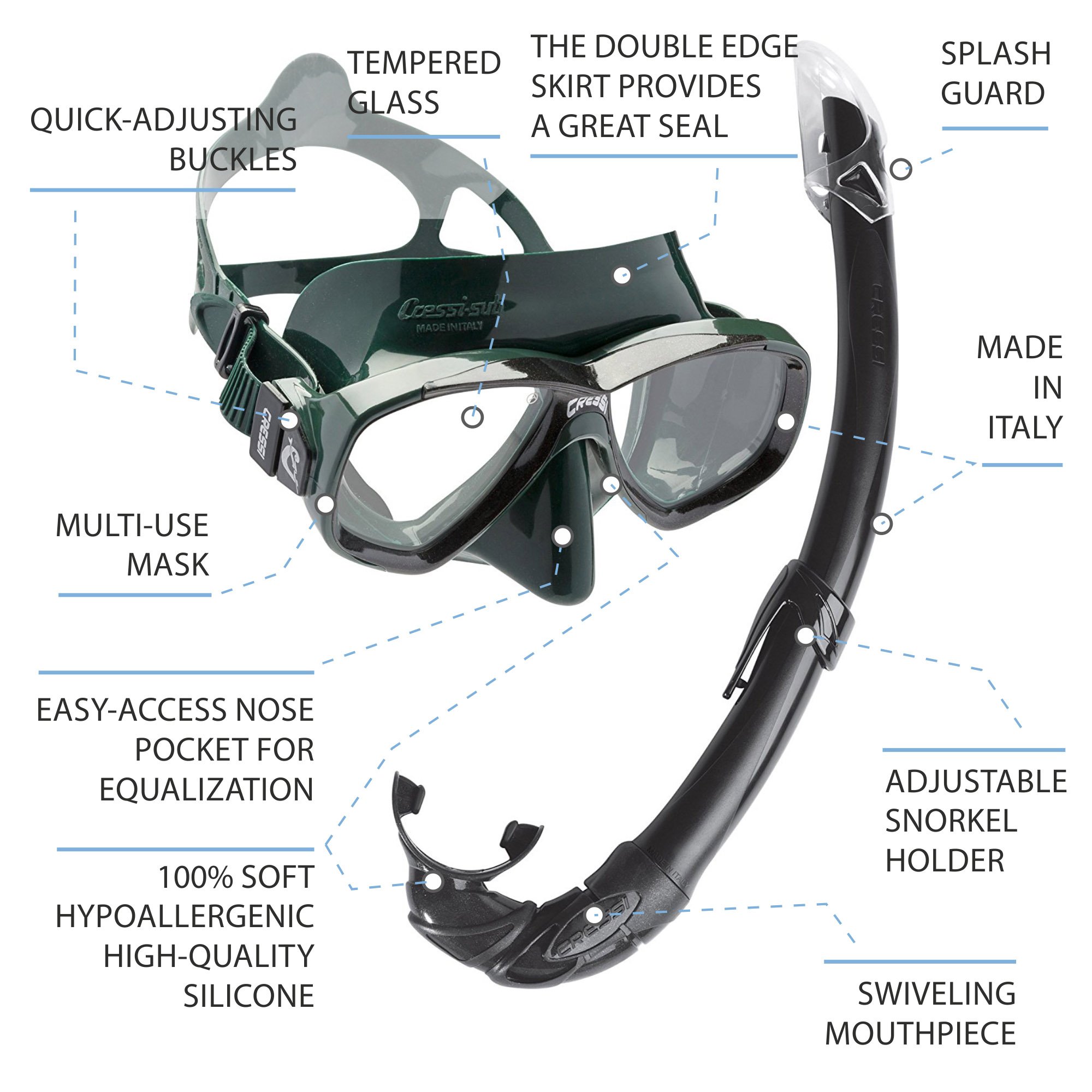 Cressi Combo Set Perla Conjunto Combinado de máscara de Buceo y Snorkel, Mar de Perlas, Unisex-Adulto, Verde/Negro, Talla Única + Palau SAF Aletas, Unisex, Negro/Amarillo, M-L (41-44)