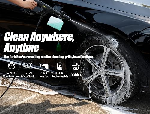 Miniatura 4 de Lavadora a presión portátil, lavadora eléctrica inalámbrica con tanque de agua de 3.2 galones, 522 PSI máximo, manguera de 23 pies, batería de litio