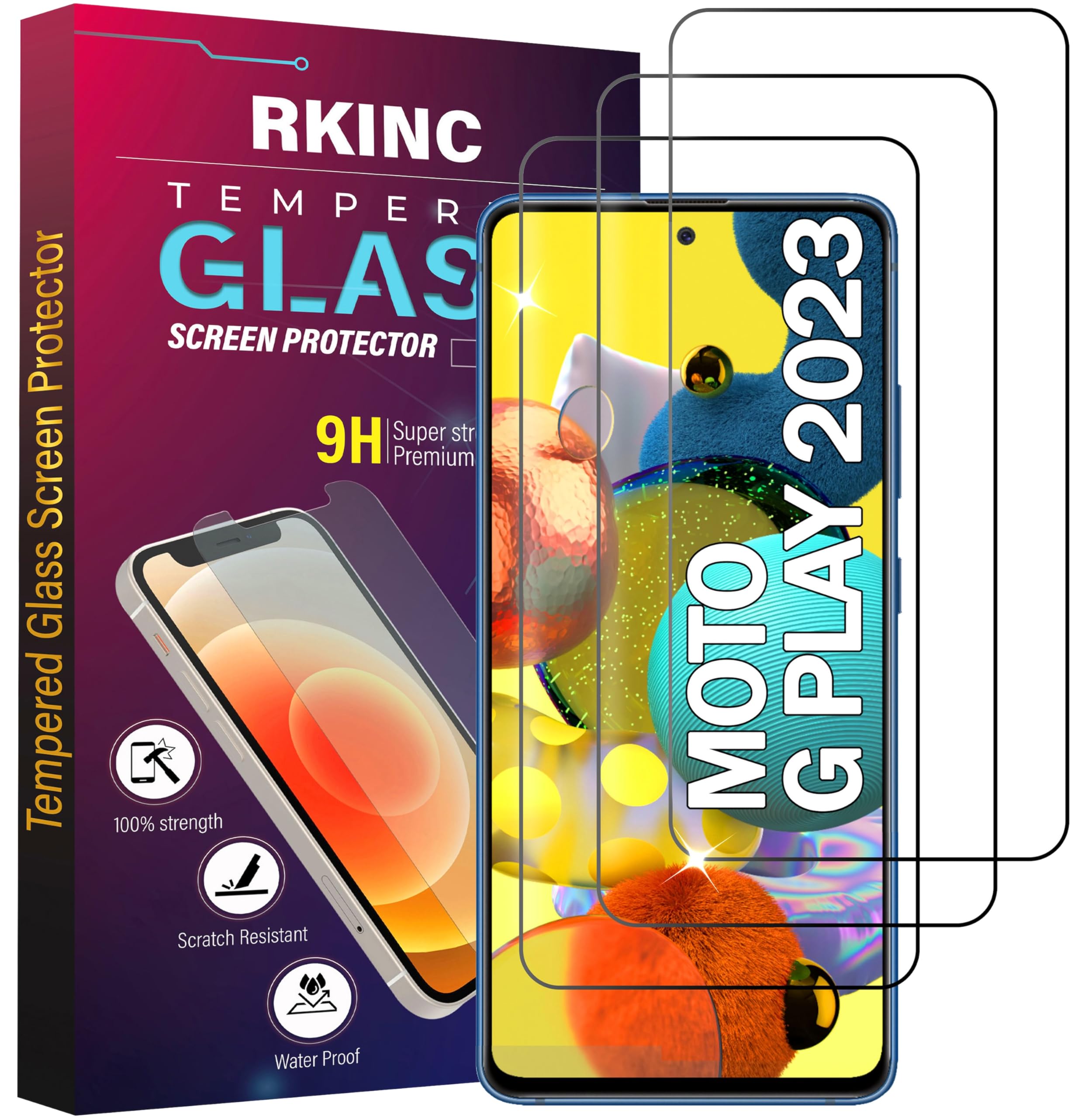 RKINC Screen Protector [3-Pack] for Motorola Moto G Play (2023), Tempered Glass Film Screen Protector, 0.33mm [Bubble-Free][Anti-Scratch][Anti-Shatter
