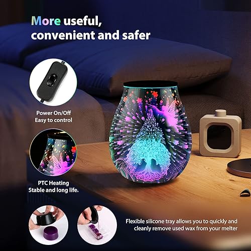 Miniatura 4 de INRORANS Fairy Wish Tree - Calentador de aceite eléctrico LED colorido 3D de cera de vidrio derretidor de fragancia para el hogar, oficina,