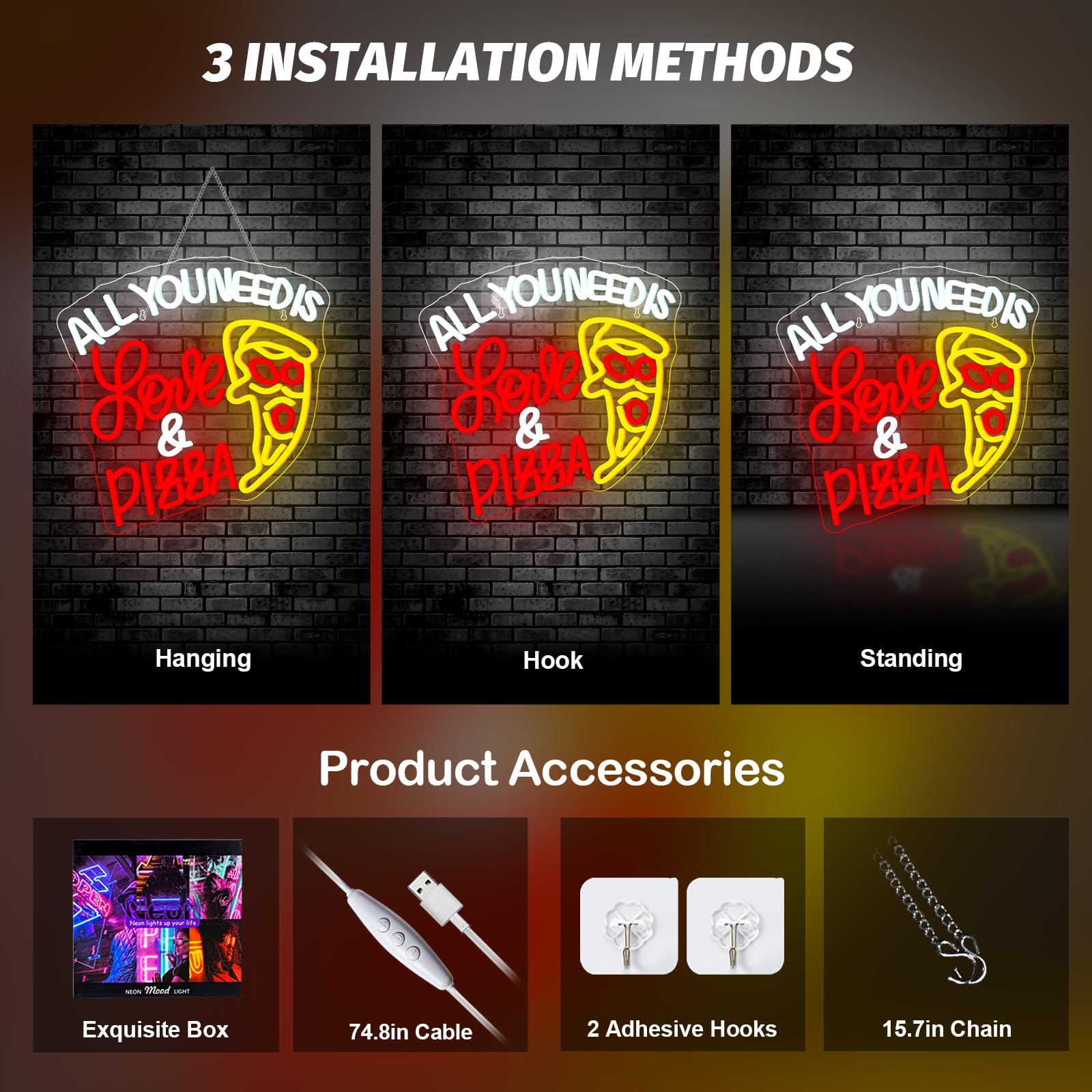 All You Need Is Love & Pizza Insegna Led Pizza Lampada Neon USB Dimmerabile Insegna al Neon Decorazione Letter Insegne Luminosee per Pizzeria Negozio, Regalo, Camera da Letto, Ristorante, Cucina