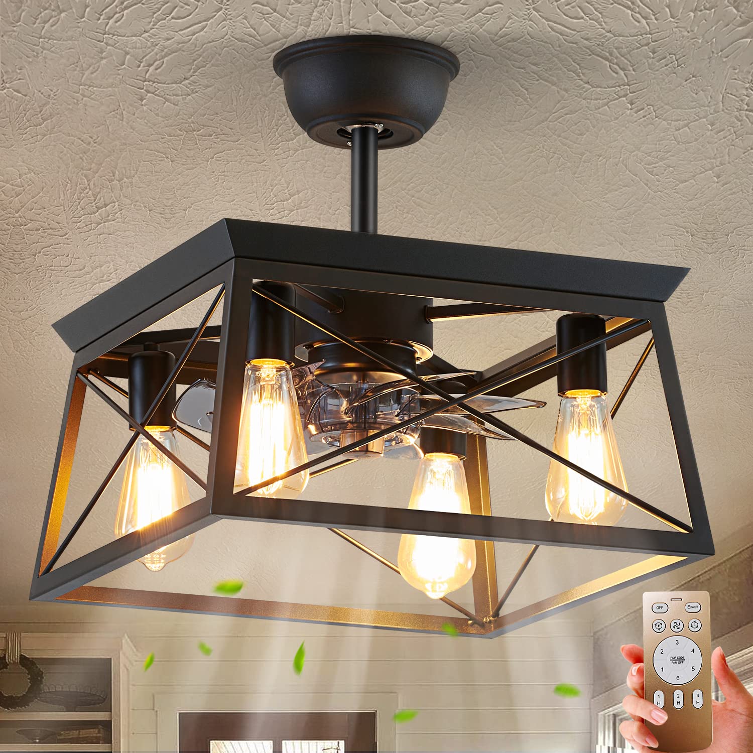 Farmhouse Ceiling Fan with Light, 4-Light Black Caged Ceiling Fan with Lights and Remote, Rustic Ceiling Fan for Living Room Bedroom Kitchen
