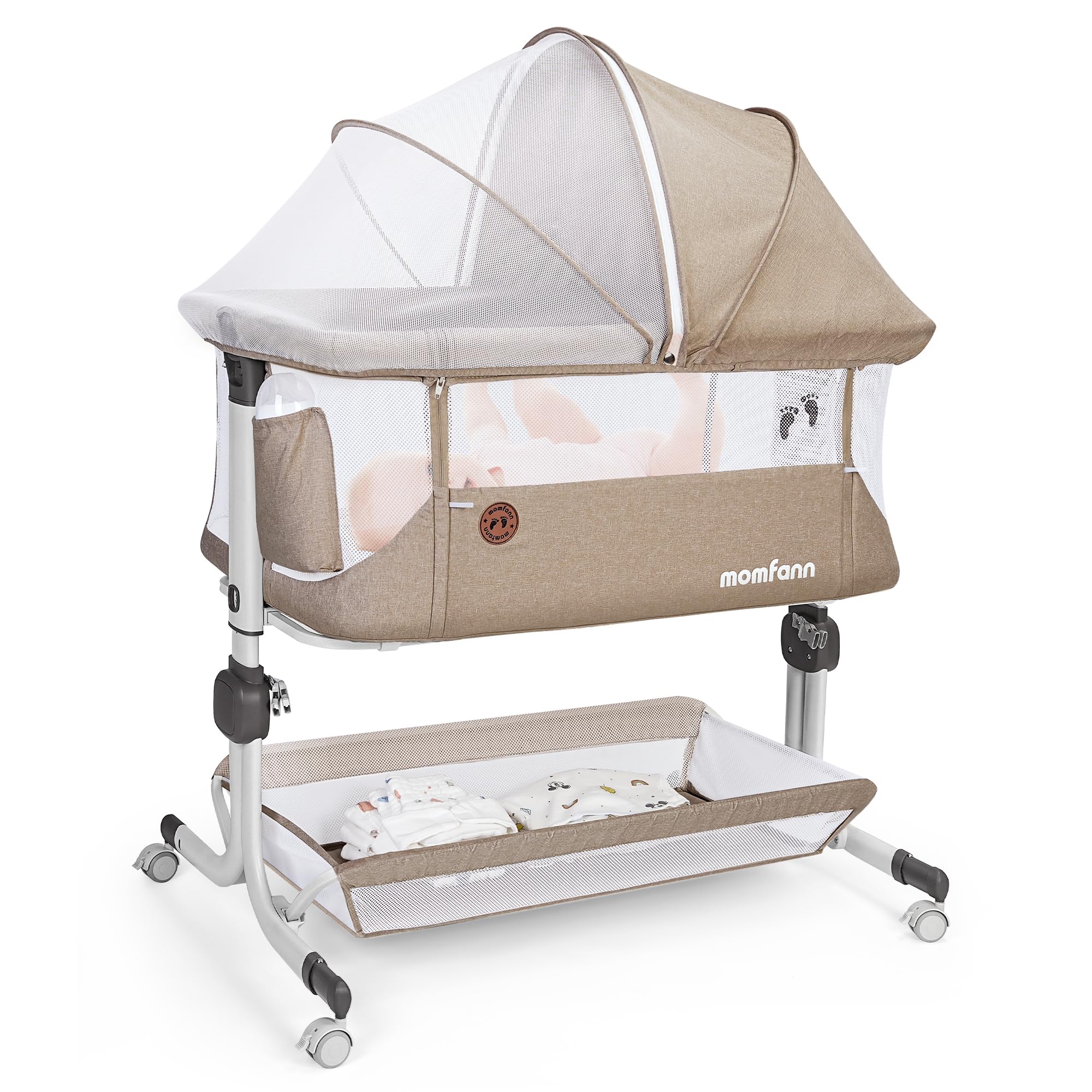 baby bassinet bedside sleeper upgraded stability bedside crib with full mesh sides soft sheet 6-height adjustment storage basket easy folding portable bassinet for newbornscamel