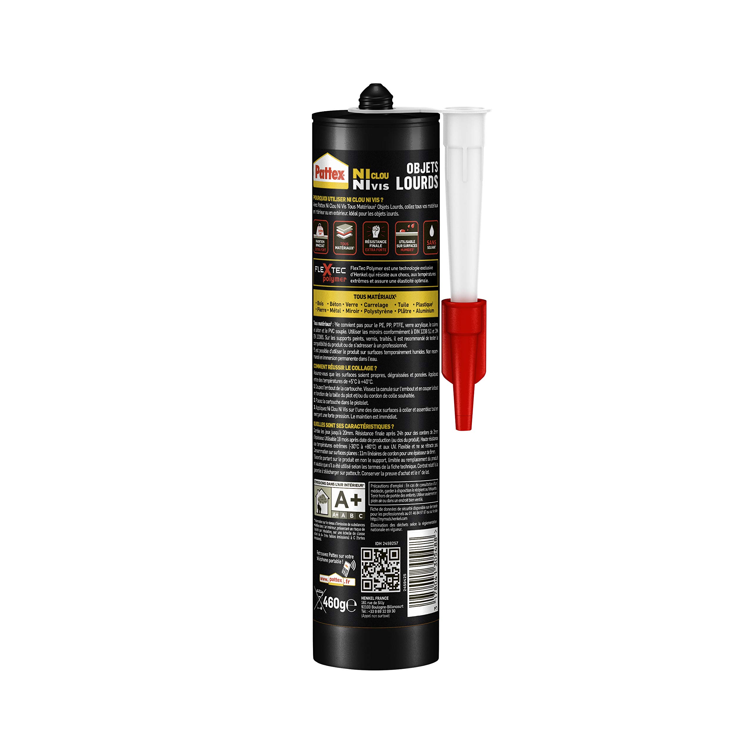 Pattex Ni Clou Ni Vis Fix Objets Lourds, Colle de fixation forte tous supports, colle de construction puissante et flexible, colle blanche, cartouche de 460 g (Lot de 2)