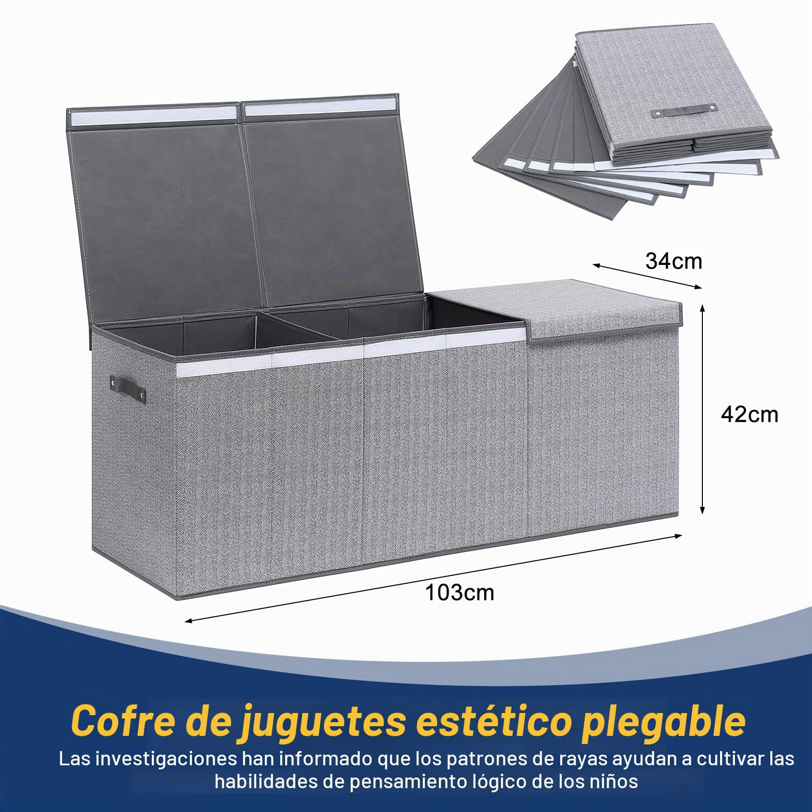 ELUCHANG Caja de Almacenamiento para Juguetes, 147L - Baúl Grande Plegable para Juguetes de Niños y Niñas, Organizador con Tapa Abatible para Ropa, Habitación, Guardería, Gris