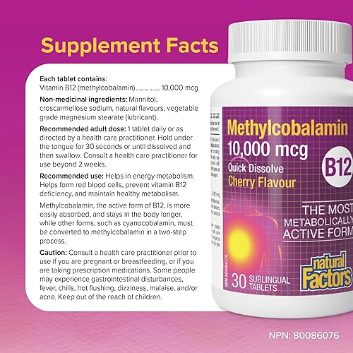 Miniatura 4 de Natural Factors B12 Metilcobalamina, 10,000 mcg, cereza, 30 tabletas masticables