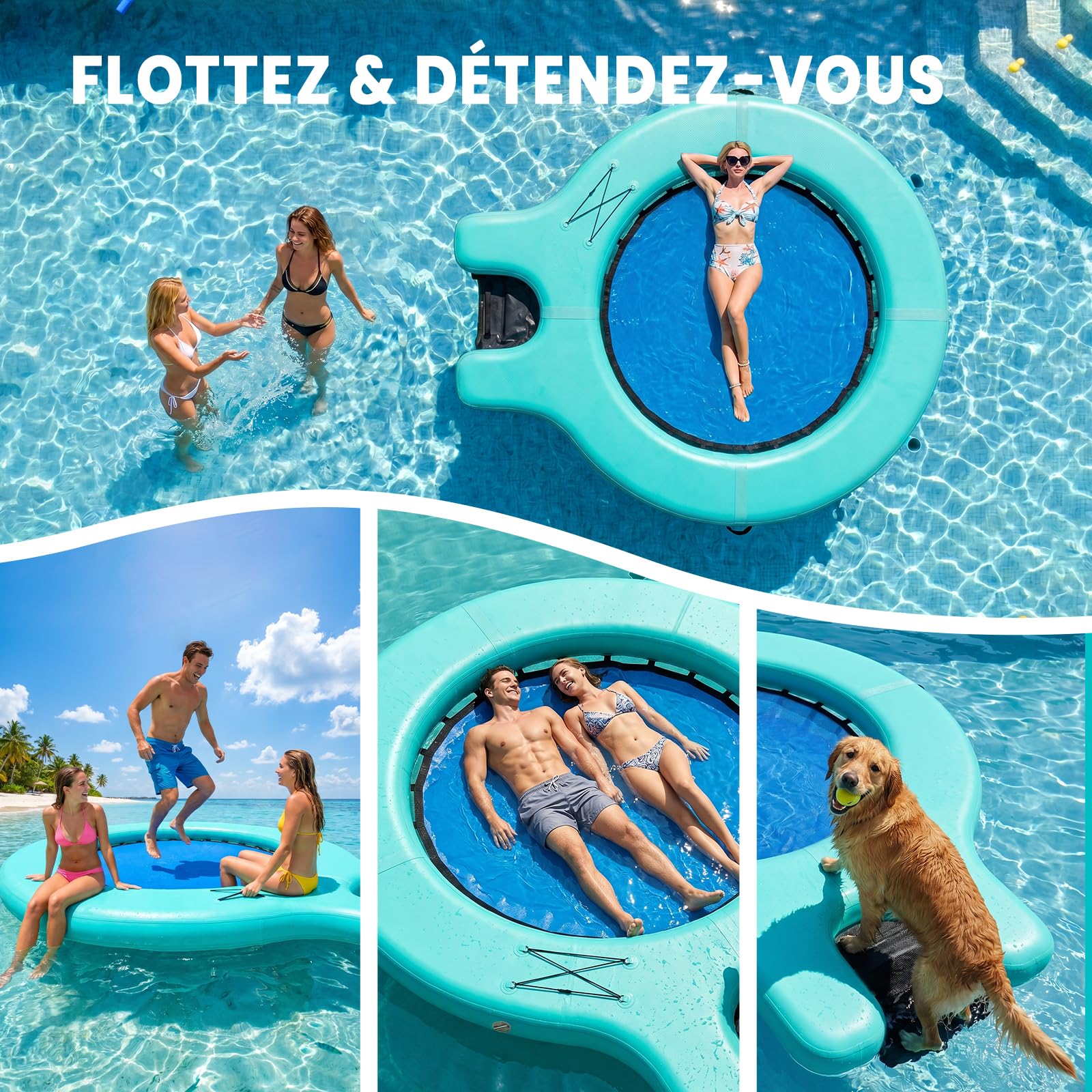 SOLAVERO Hamac Aquatique Gonflable avec Rampe pour Chien | Bouée Flottante pour Adultes et Animaux, Radeau pour Lac, Plateforme pour Piscine, Mer et Rivière