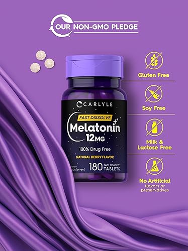 Miniatura 5 de Carlyle Melatonina 12 mg de disolución rápida, 180 tabletas Sin drogas Sabor natural de bayas Vegetariano, sin OMG, sin gluten