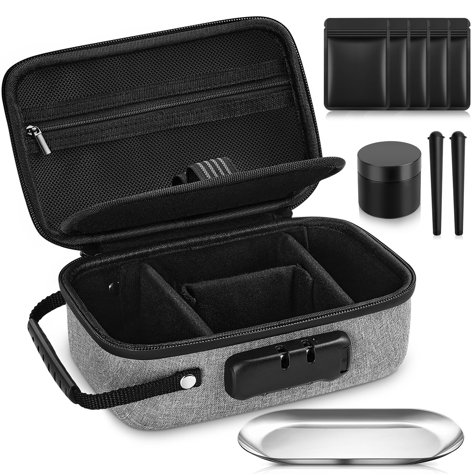Betoores Elegant Grey Smell Proof Bag With Accessories, Lockable Smell Proof Container Stash Box With 5 Smell Proof Baggies, 2 Conical Tubes, Smell Proof Jar And Storage Tray