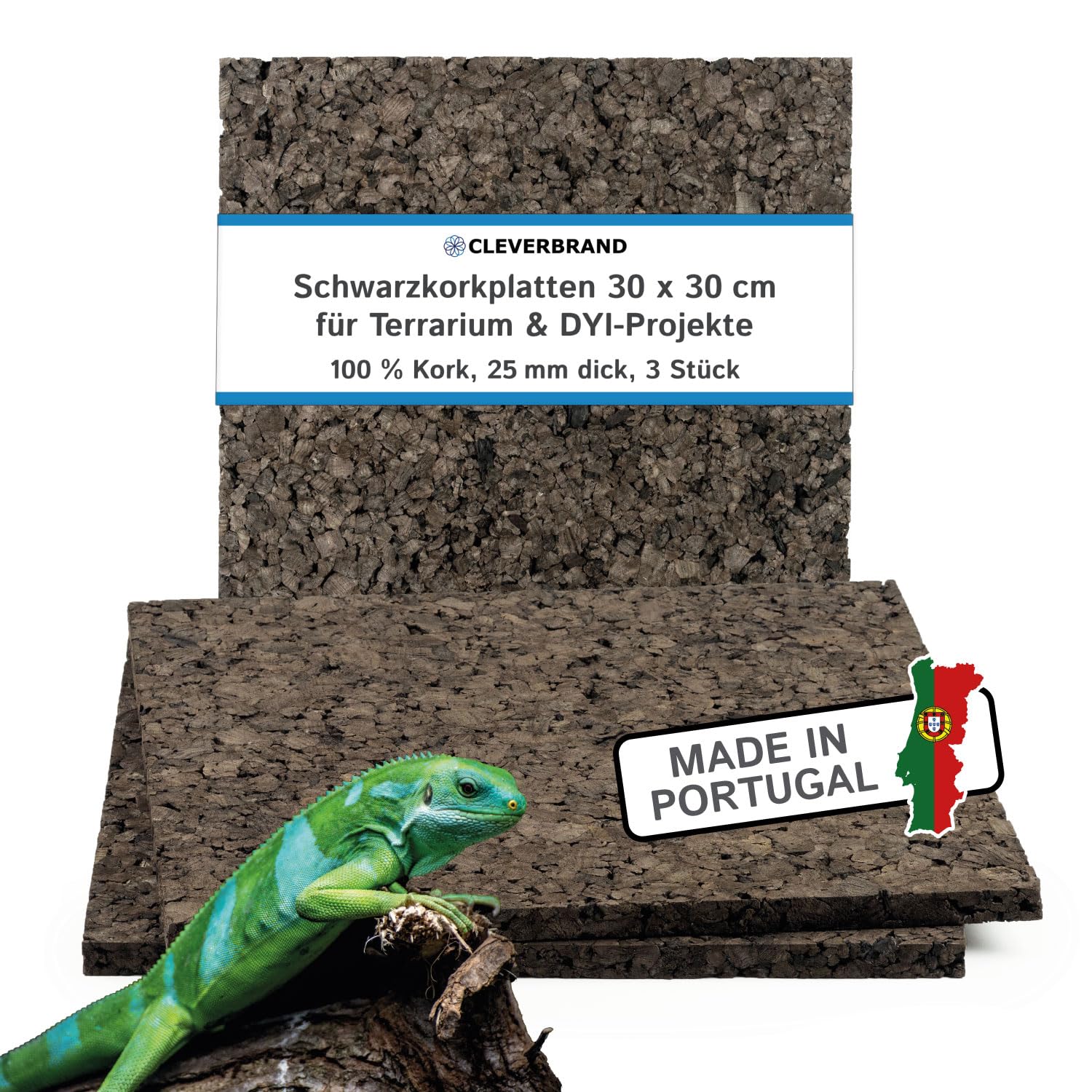 Cleverbrand 3X Schwarzkorkplatte 30x30 cm - 25 mm dick, Naturkork Rückwand für Terrarium, DIY-Projekte & Isolierung, wasserabweisend, aus Portugal