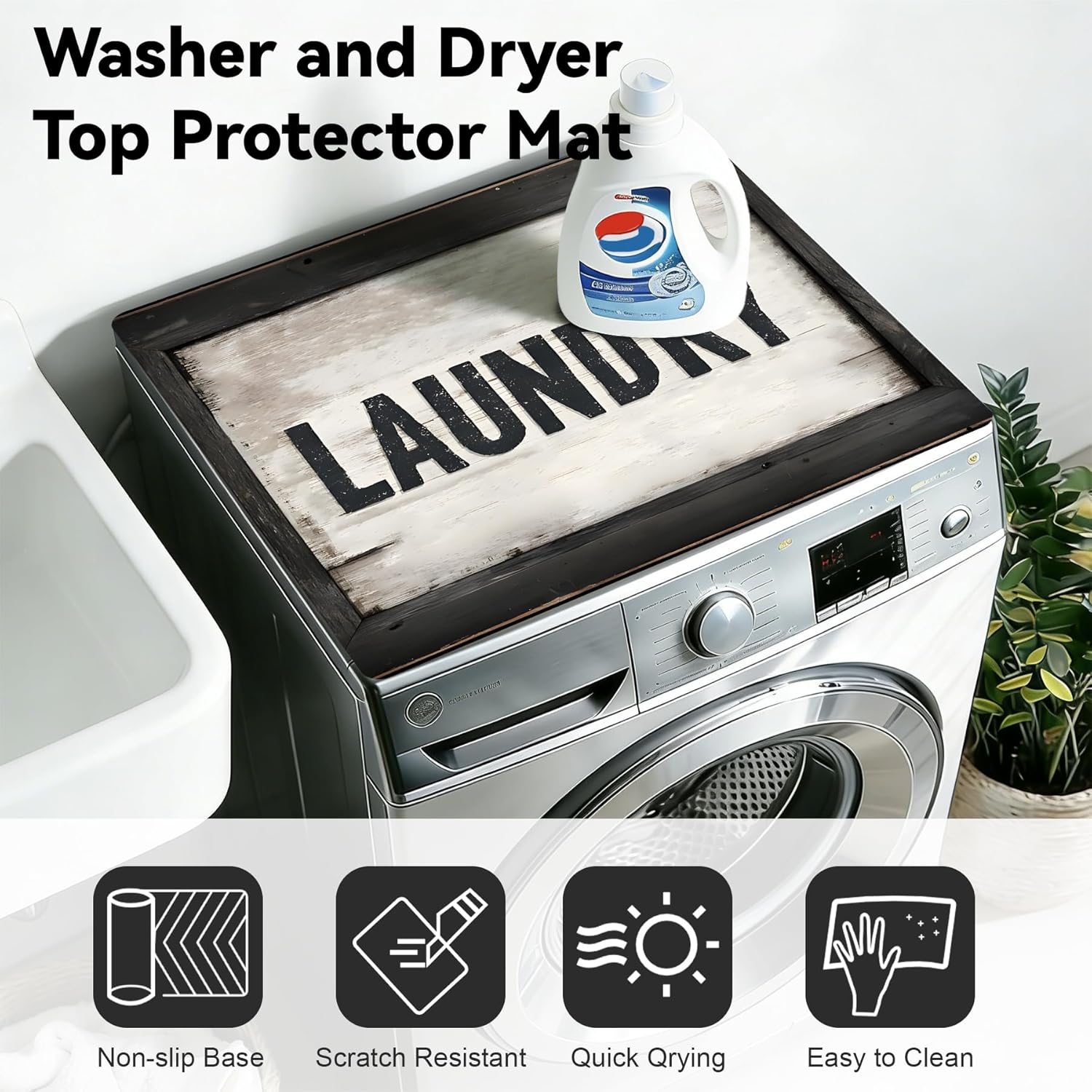 NYZE 2 PCS Washer and Dryer Covers For The Top, 25.6" x 25.6" Washing Machine Top Protector Mats, Non-slip Quick Drying Dryer Top Cover for Home Kitchen Laundry Room (Laundry Text)