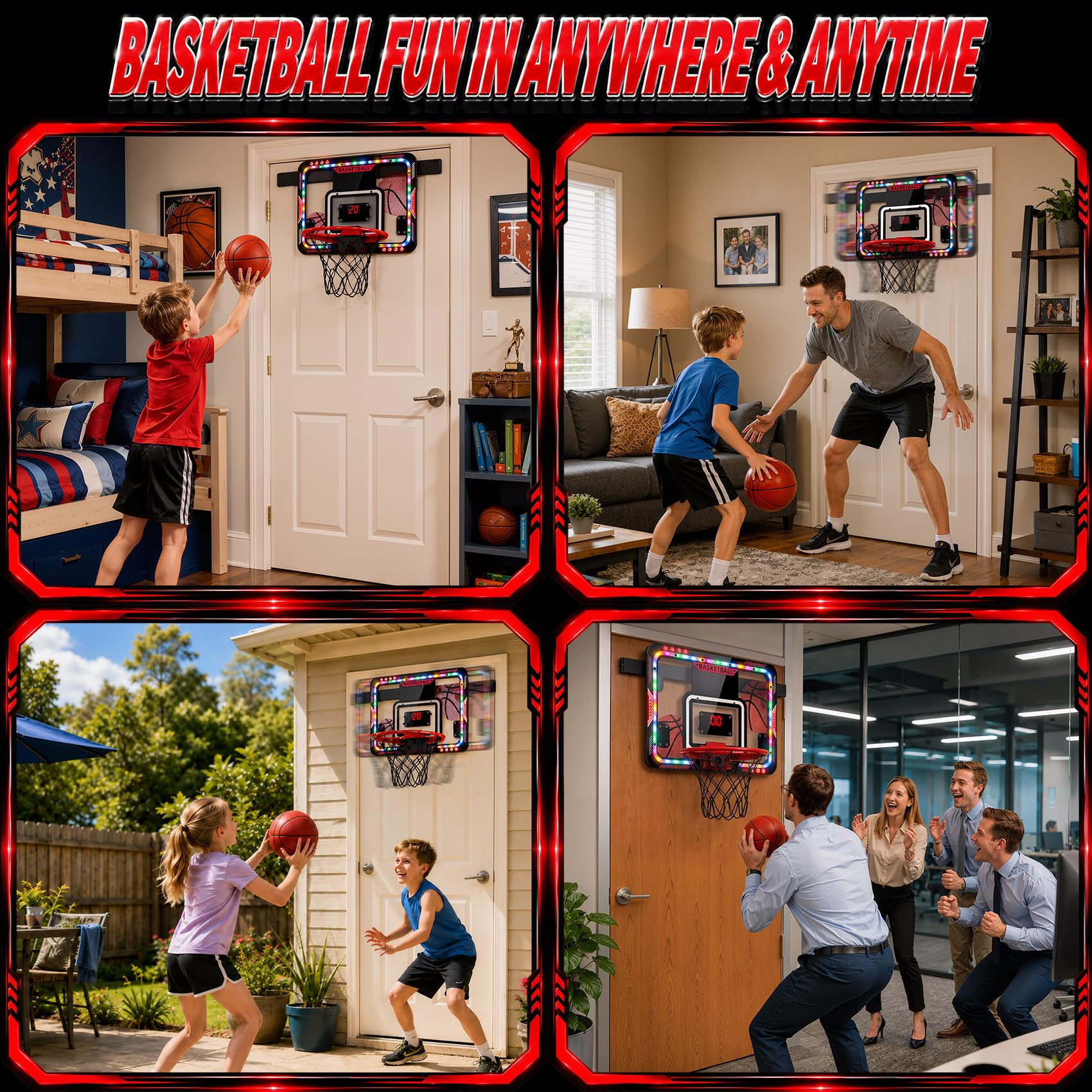 VATOS Canestro da Basket Mobile Interno per Bambini, Canestro da Basket da Porta con Luci Led/Tabellone Segnapunti/Palline, Giocattolo Basket Telecomandato, Regalo Divertente per Maschi