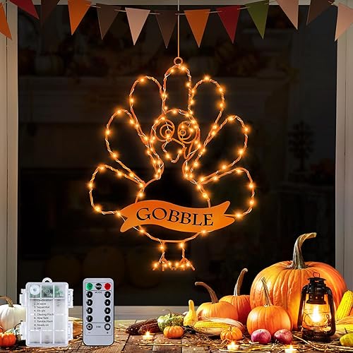 [Timer & 8 Modes] Thanksgiving Turkey Decorations Window Lights, Thanksgiving Window Decorations Silhouette Light Orange Battery Operated Turkey