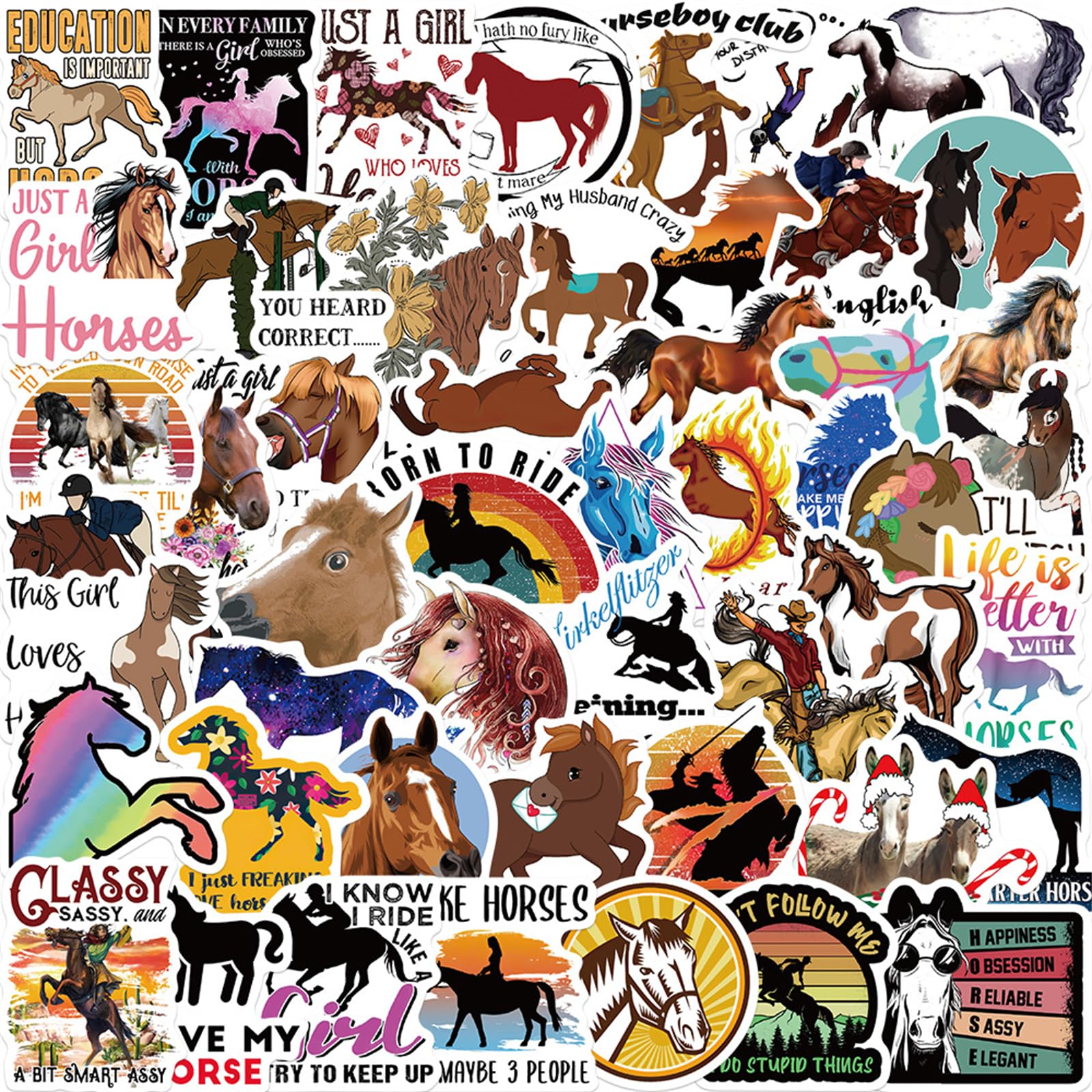 Cute Horse Stickers Horse Riding Stickers Pack 50PCS, Icicrim Cartoon Horse Stickers for Water Bottles Laptop Luggage, Vinyl Waterproof Decals for