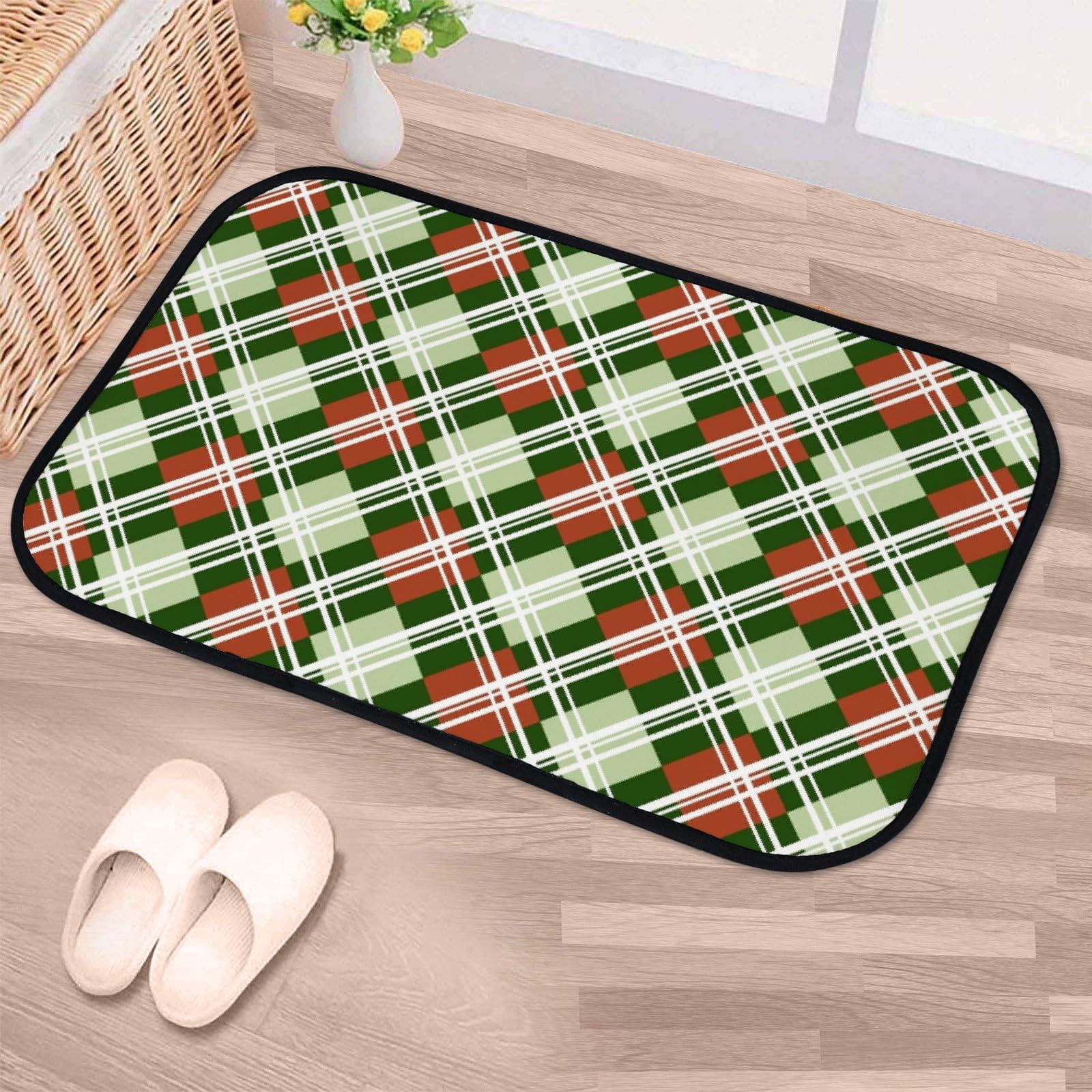 Nuansexi Bathroom Rugs Christmas Plaid Pattern Green Floor Mats Non Slip Bathmat Doormat Tub Mat Coral Velvet Absorbent Entrance Carpet Mats Machine Washable Bedroom Decor