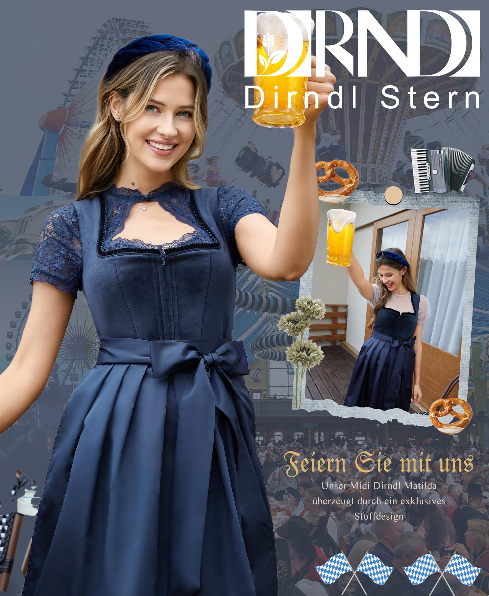 DIRNDLSTERN Damen Blau Trachtenkleid - Dirndlkleid Midi mit Dirndlschürze Trachtenmode Oktoberfest Outfit