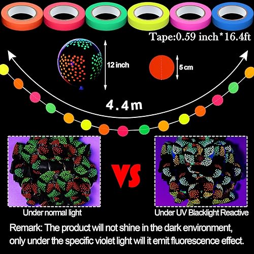 Miniatura 6 de 32 piezas que brillan en la oscuridad, suministros de fiesta de neón de Navidad con 25 globos fluorescentes, 6 rollos de cinta luminosa de luz negra