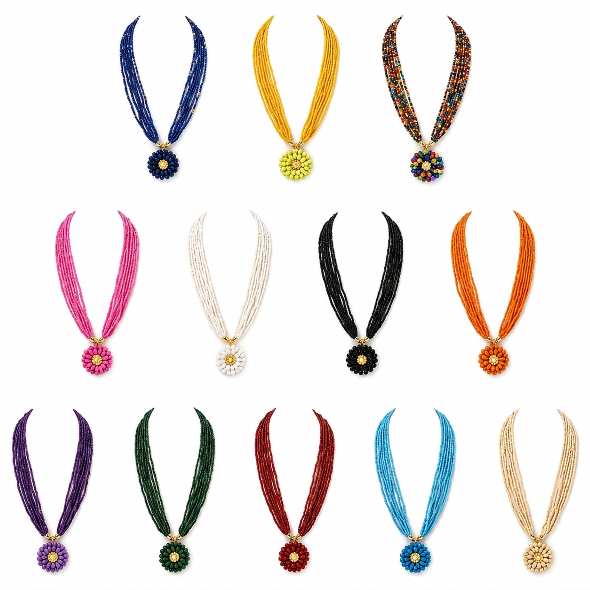 Handmade Multicolor Beaded Necklace for Women, Multi-Strand Seed Bead Necklace with Floral Pendant, Traditional Fashion Jewelry for Party, Wedding & Assorted Colors-image-9