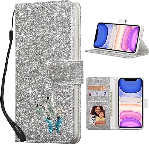 UEEBAI Wallet Case for iPhone 11 6.1 inch, Premium Glitter PU Leather Phone Case Card Slots Kickstand Case Magnetic Closure Bling Handbag Case