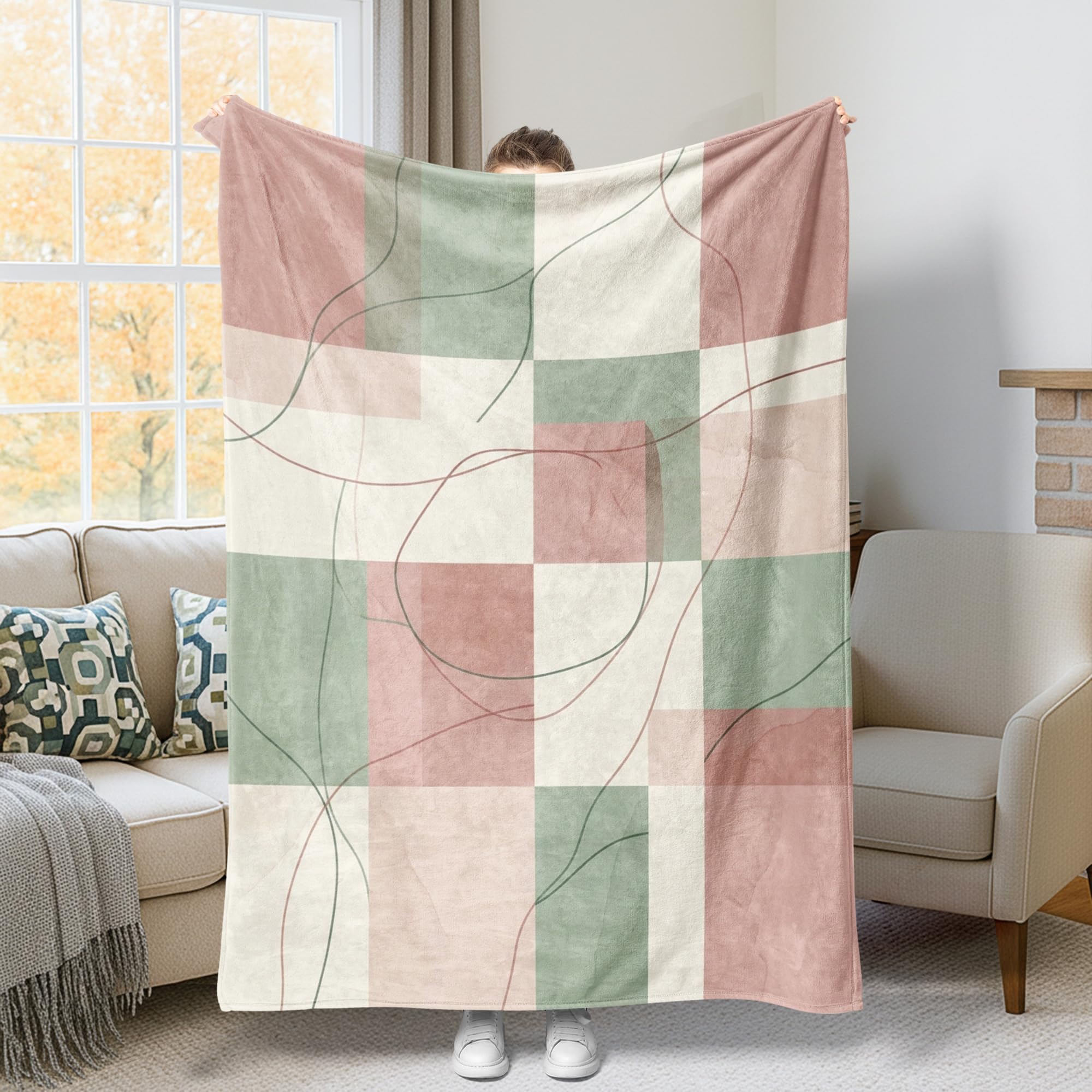 Jeté géométrique de qualité supérieure à lignes carrées vert pour décoration raffinée